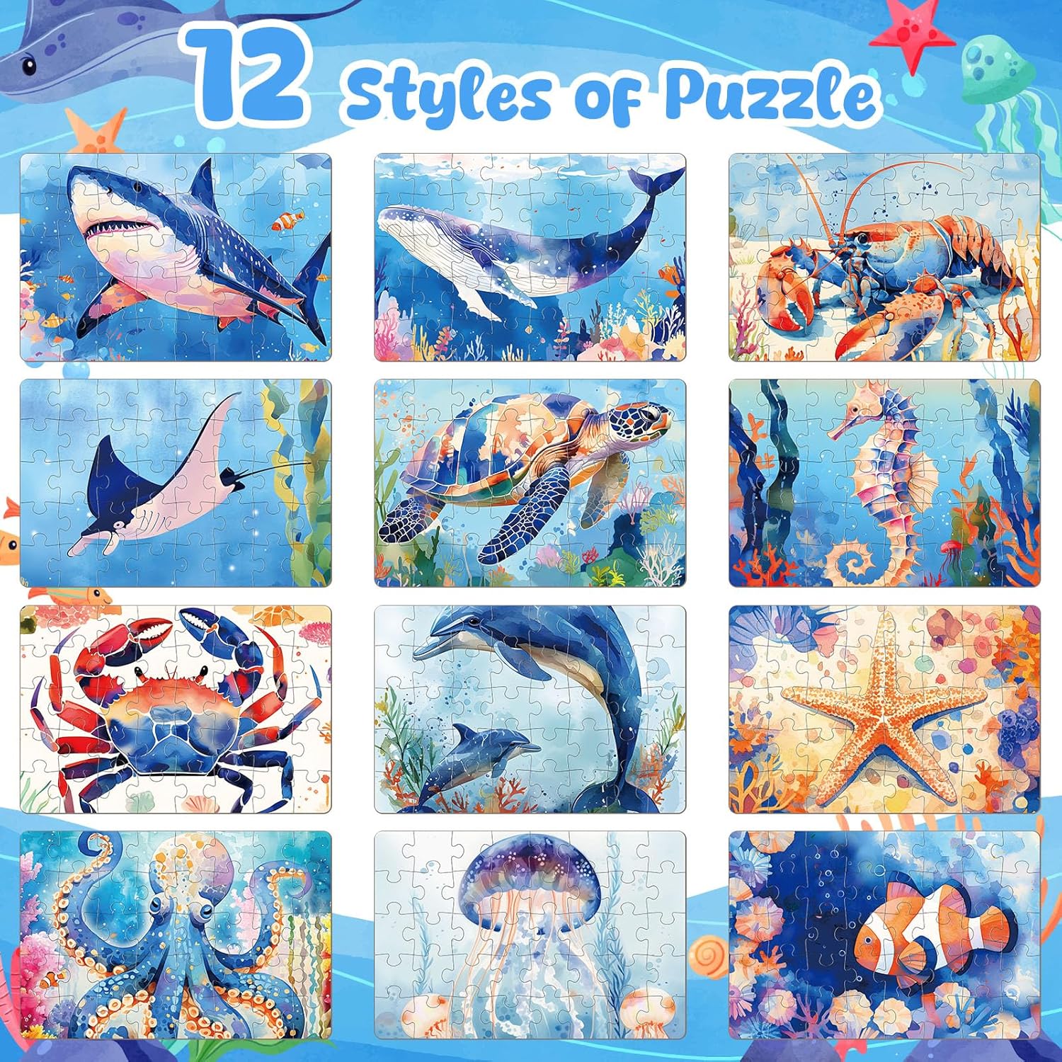 Simgoing 12 Pcs Jigsaw Puzzles Bulk Set for Kids Beginners 8x12 Inch 40 Pcs Sea Animal Puzzles High Definition Printed with Completed Image Guide for Family Game Night Stress Relief(Sea Animal)