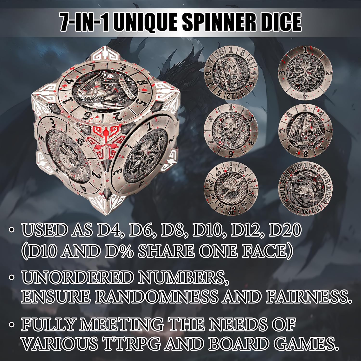Froggod Roulette Dice Spinner 7-in-1 Metal DND Dice Set with 3D Relief – Mechanical DND Spinner for Dungeons and Dragons Gifts, DM & Players(Bloodstains)