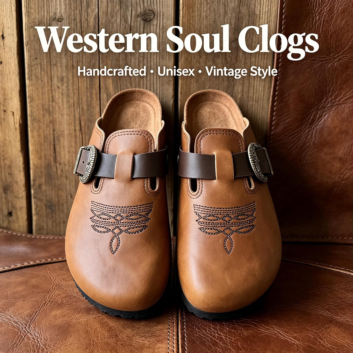 Western Leather Clogs for Women Men Cushioned Cork Footbed Boho Cowboy Cowgirl Mules Slip on Potato Shoes with Classic Embroidered Arch Support
