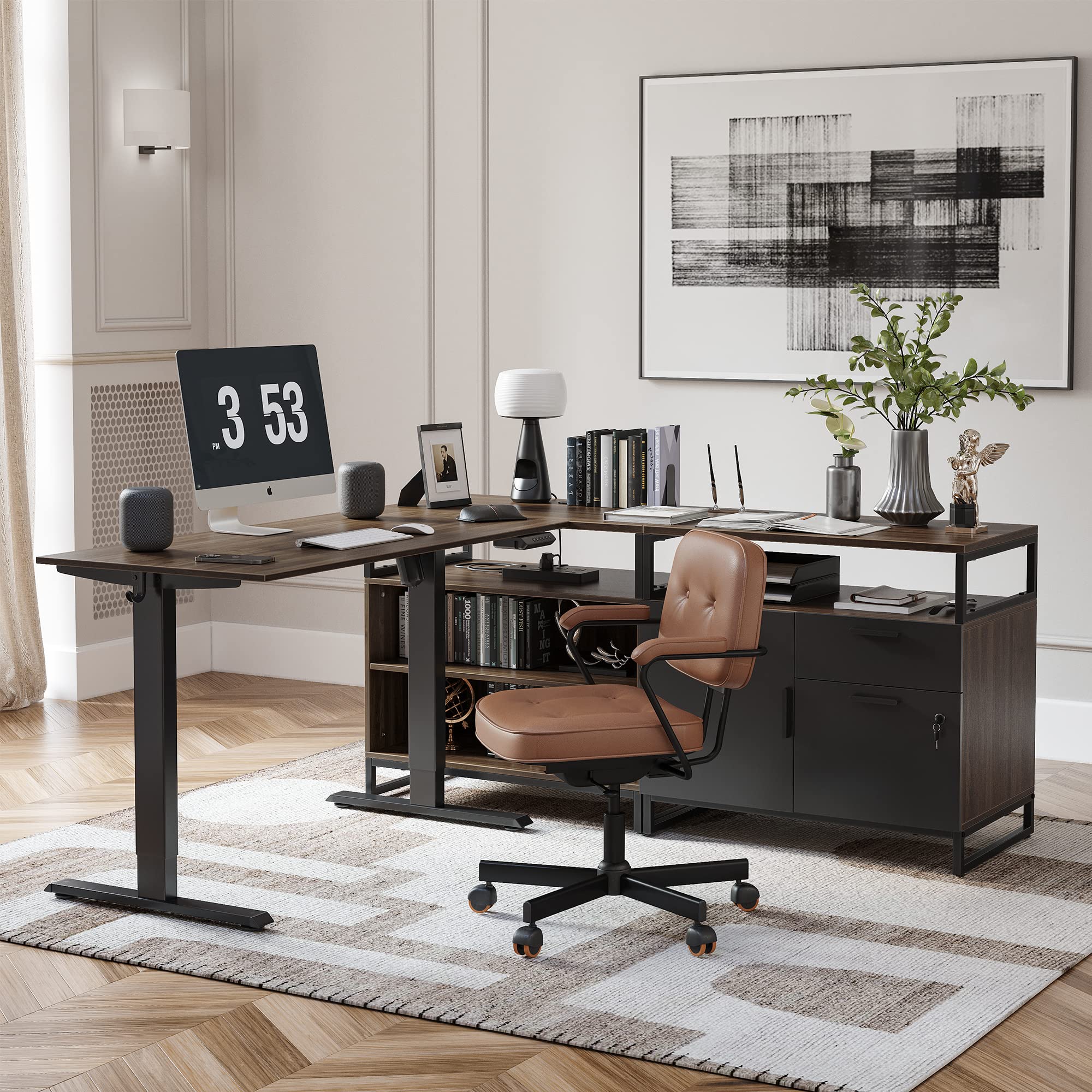 FEZIBO L Shaped Standing Desk with Drawers and Shelves Executive Electric Standing Desk Adjustable Height Sit Stand Table