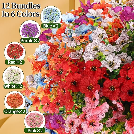 12 Bundles Artificial Flowers Outdoor, 6 Colors UV-Resistant Artificial Flowers, No Fade Plastic Faux Plants for Indoor Outside Garden Porch Window Box Farmhouse Wedding Decoration Hanging Planters