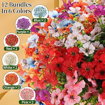12 Bundles Artificial Flowers Outdoor, 6 Colors UV-Resistant Artificial Flowers, No Fade Plastic Faux Plants for Indoor Outside Garden Porch Window Box Farmhouse Wedding Decoration Hanging Planters