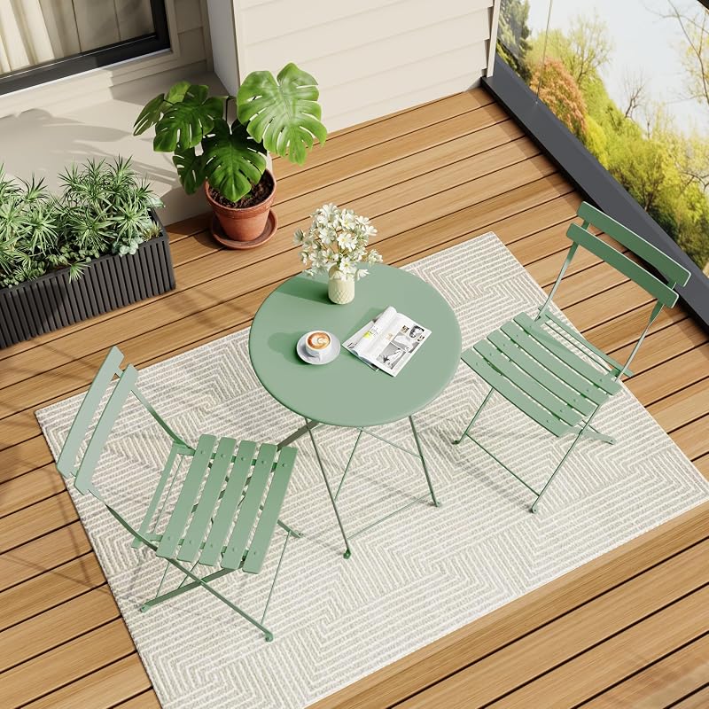 Bistro Table and Chairs Set of 2, 3 Piece Folding Patio Bistro Set, Green | Outdoor/Indoor 2 Chair Patio Furniture Set with Table, Premium Frame Foldable Coffee Tables for Balcony, Yard, Garden