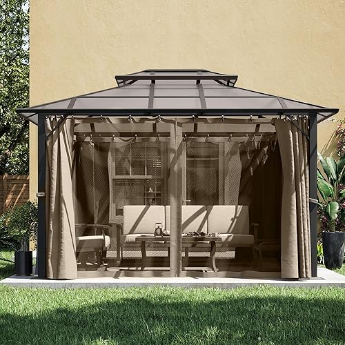 Gazebo de techo rígido de policarbonato de 10 x 12 pies, techo doble con malla y cortinas, cenador de aluminio de metal para exteriores, patio
