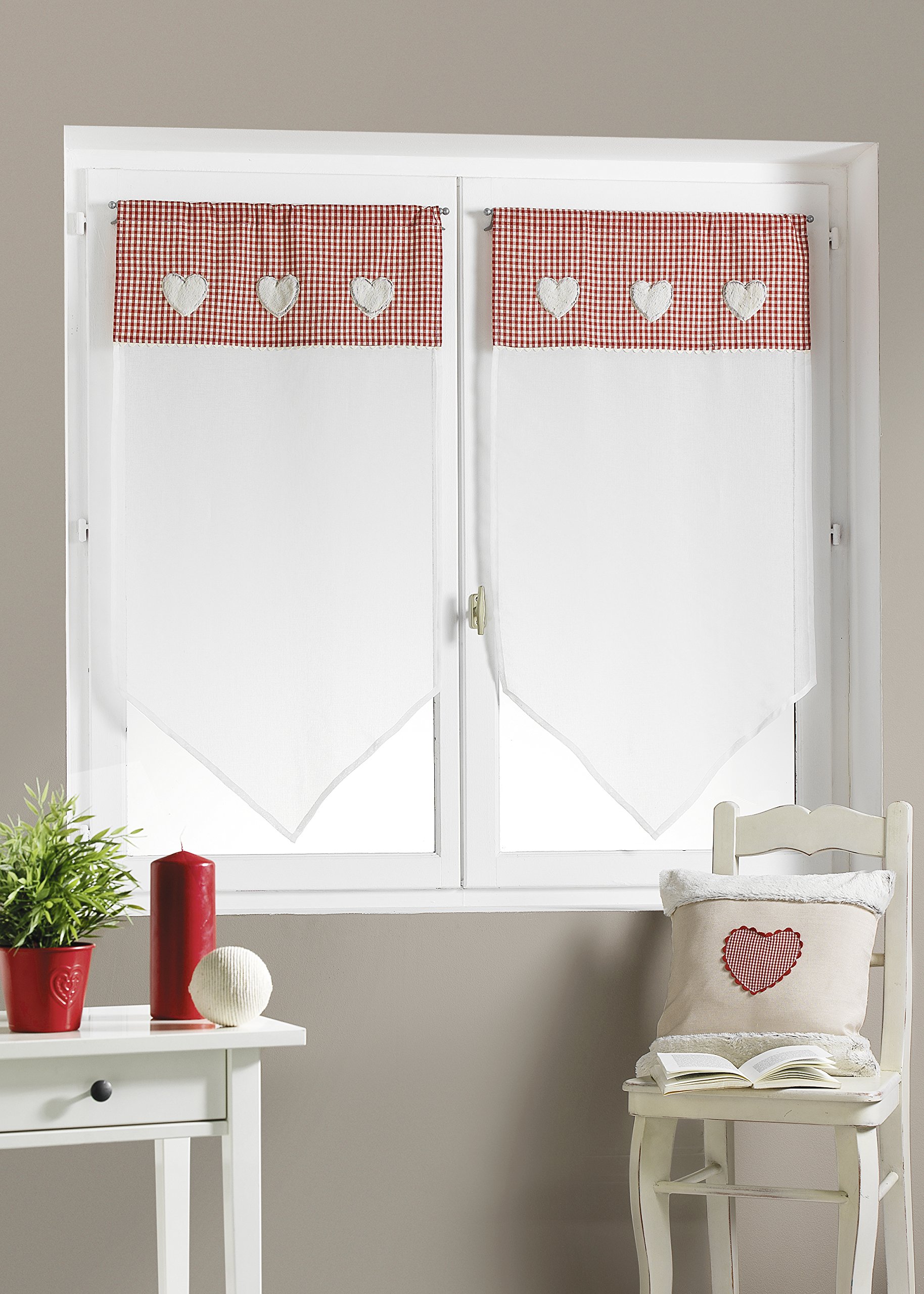 Home Maison - Paire de Petits Voilages en Étamine avec Parement Vichy - Polyester - Ourlet Passe Tringle - Appliques Cœur en Fausse Fourrure - Fenêtre Salon Chambre Cuisine - 60 x 160 cm - Blanc