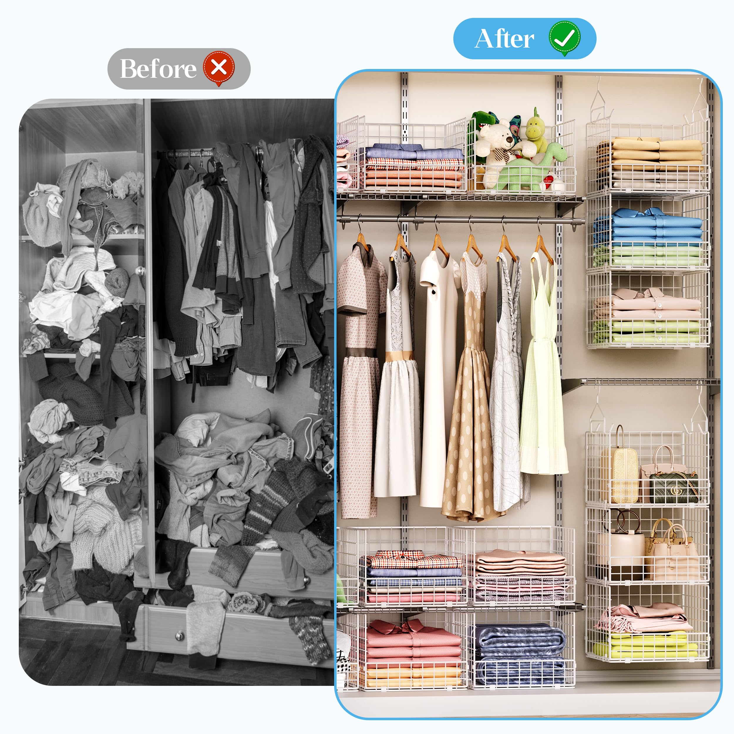 Organiseur de placard suspendu à 3 niveaux avec 5 crochets en S, étagères de placard pour vêtements, chaussures, sacs à main, accessoires, panier suspendu, système de placard, organiseurs de placard