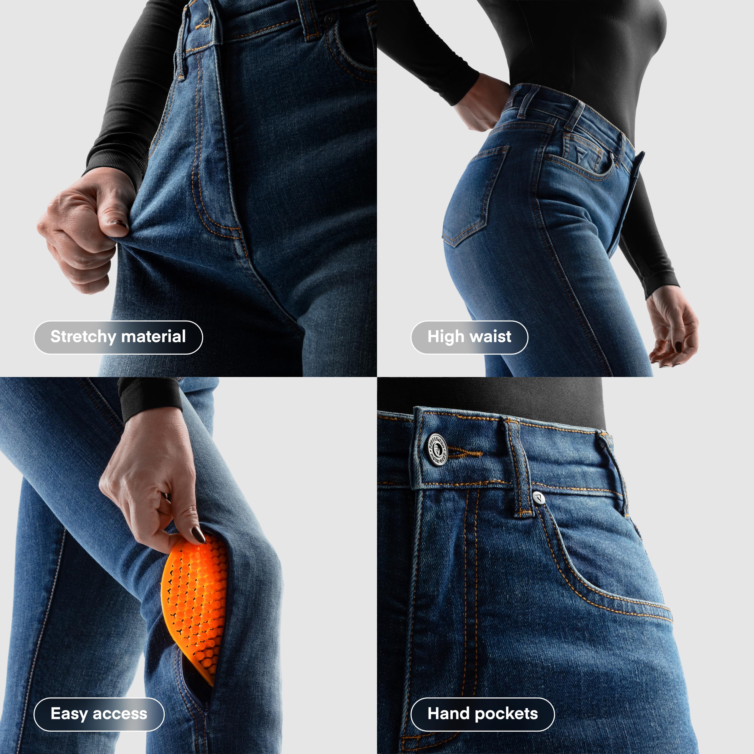 REBELHORN Classic Mono Women Motorradjeans Motorradhose Damen | Monoschicht | Knie und Hüftprotektoren Stufe 2 | Tasche für Steißbeinprotektor | Slim Fit