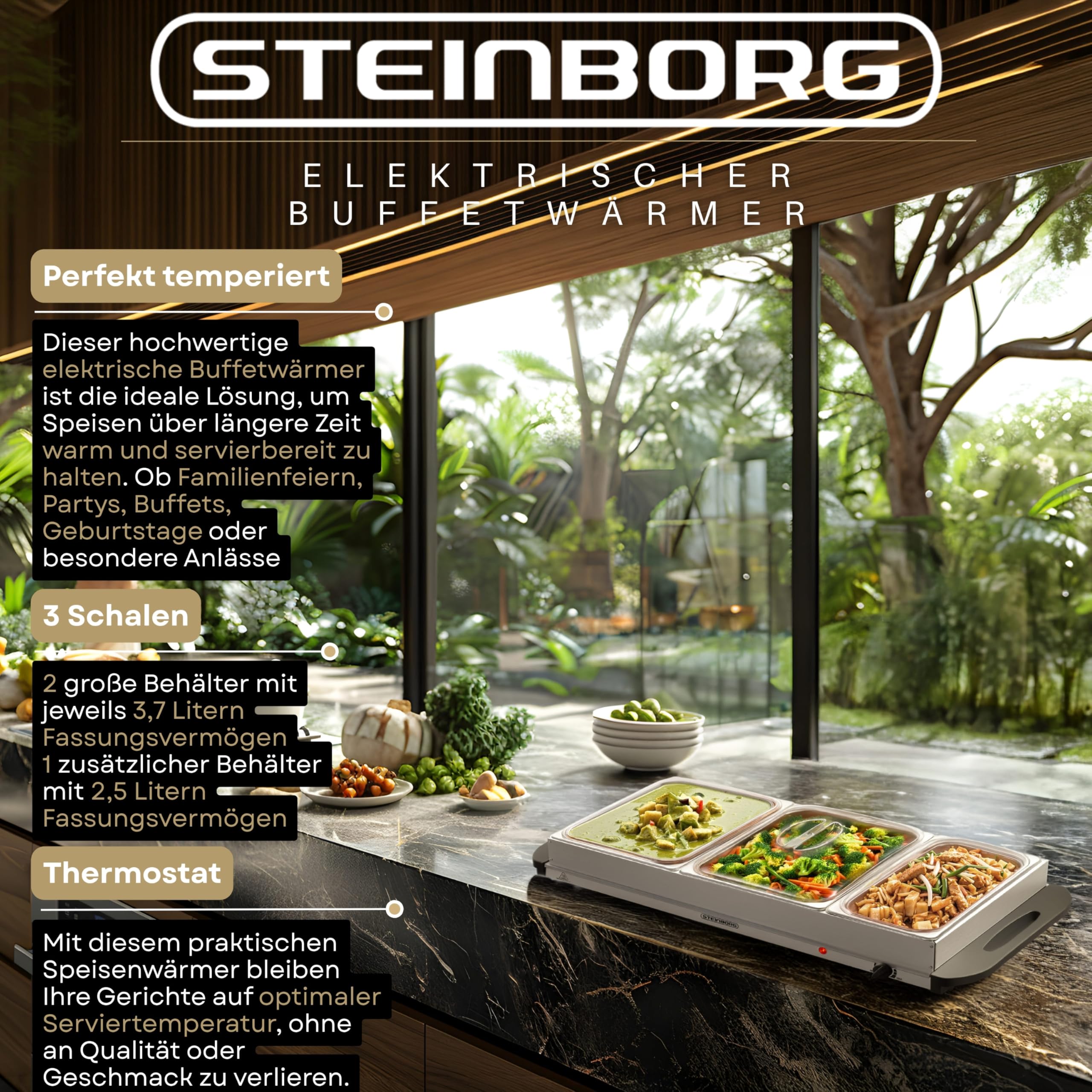 Steinborg® Elektrischer Buffetwärmer 3 Schalen – Speisenwärmer 450W Temperaturregelung, Warmhalteplatte mit 2 x3,7L + 1x2,5L Behältern Warmhaltebehälter Buffet Server für Partys, Catering und Familie