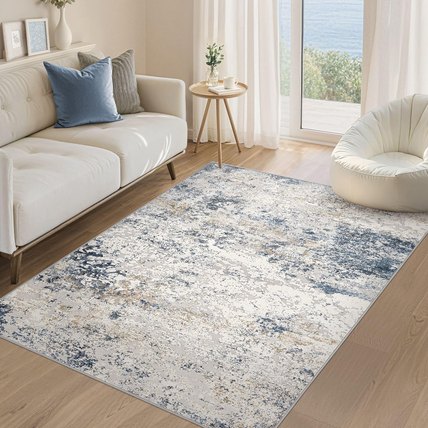 DMOYEST Washable Rugs Living Room 122x180cm - Large Abstract Neutral Modern Soft Non Slip Low Pile Kid Pet Friendly Carpet for Bedroom Dining Home Office - Beige Blue-1