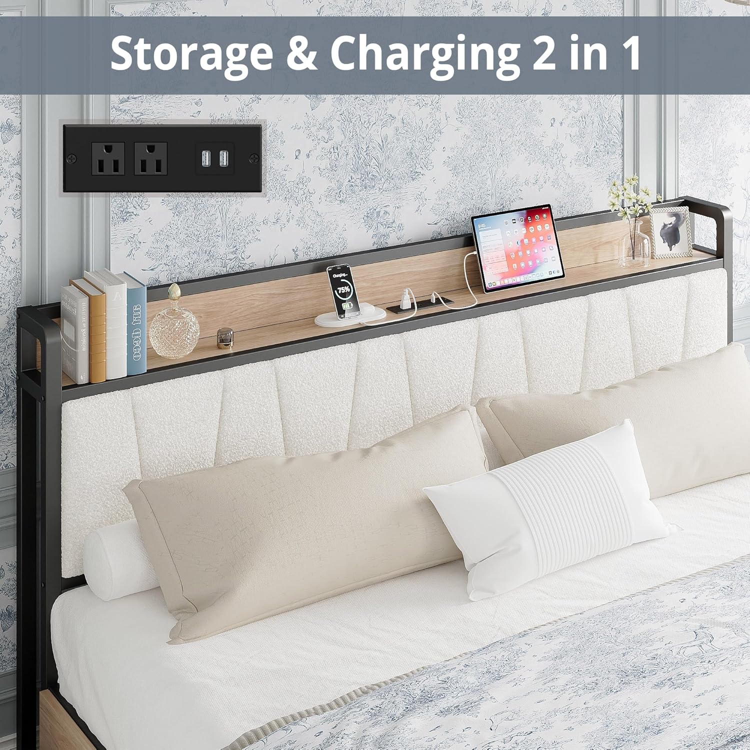 LIKIMIO King Bed Frame with 4 Storage Drawers, Platform Bed with Charged Headboard, Sturdy and Stable, No Noise, No Box Spring Needed, Easy Install, Wood and Cream