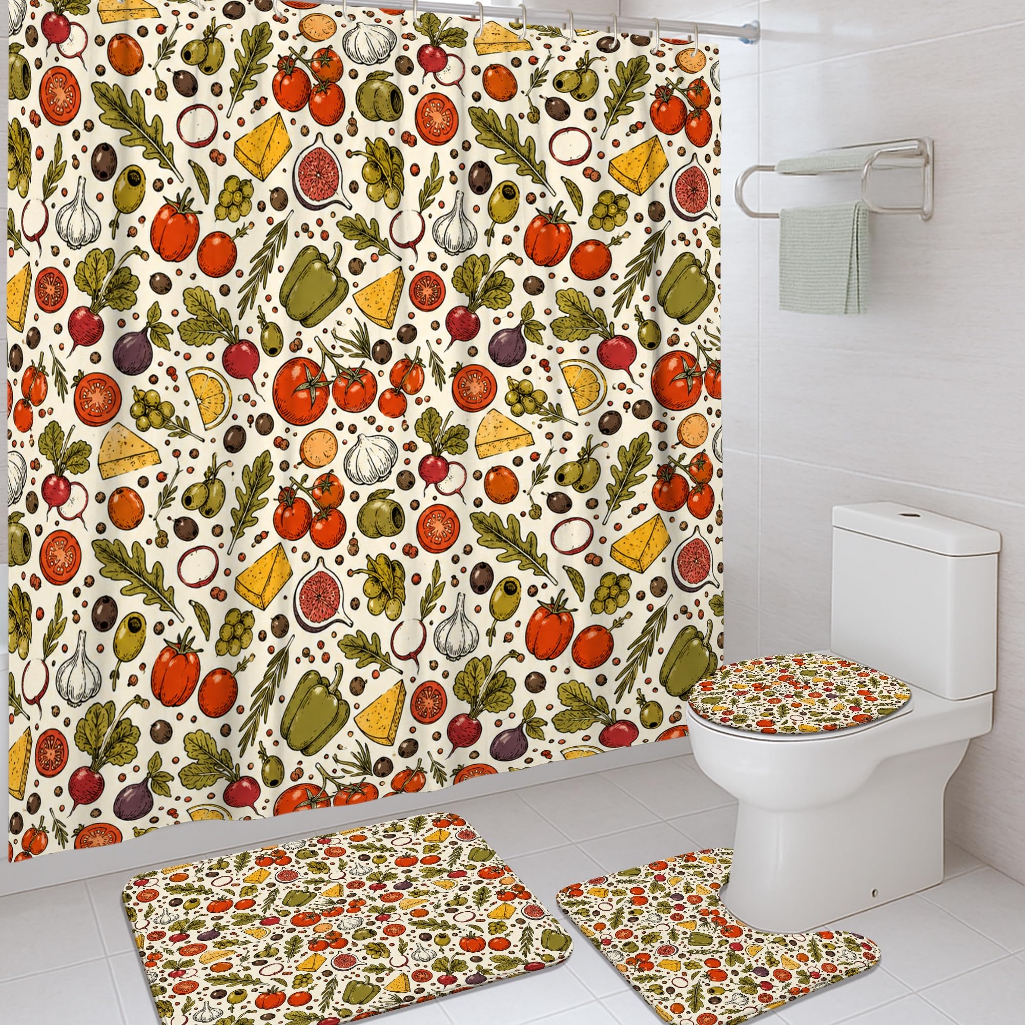 Rideau de douche rustique tomates ail fromage 183x183 cm rouge automne