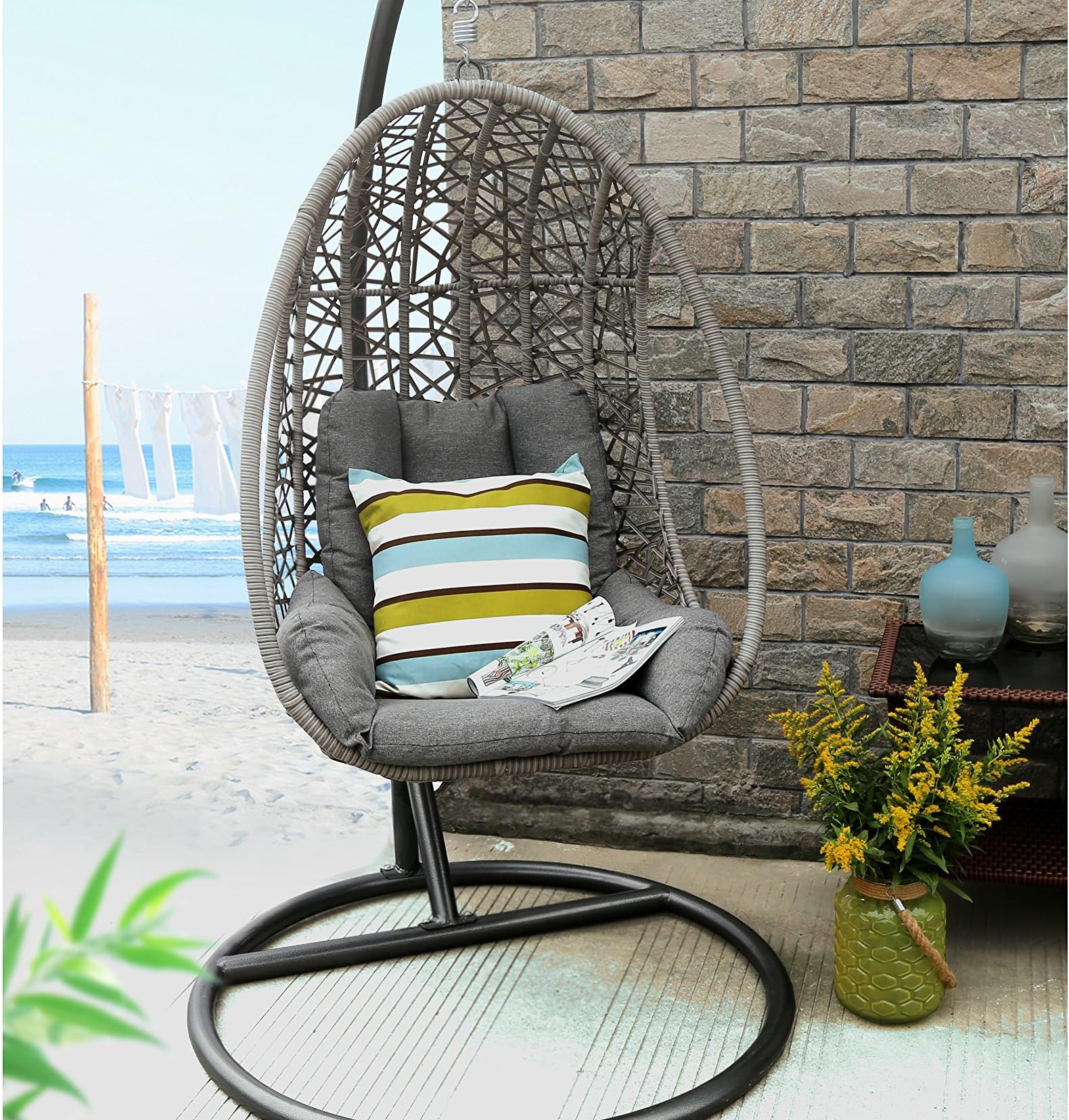 Oval Egg Hanging Patio Lounge Chair Chaise Porch Swing Hammock Single Seat Stand Wicker with Cushion, Full, Black
