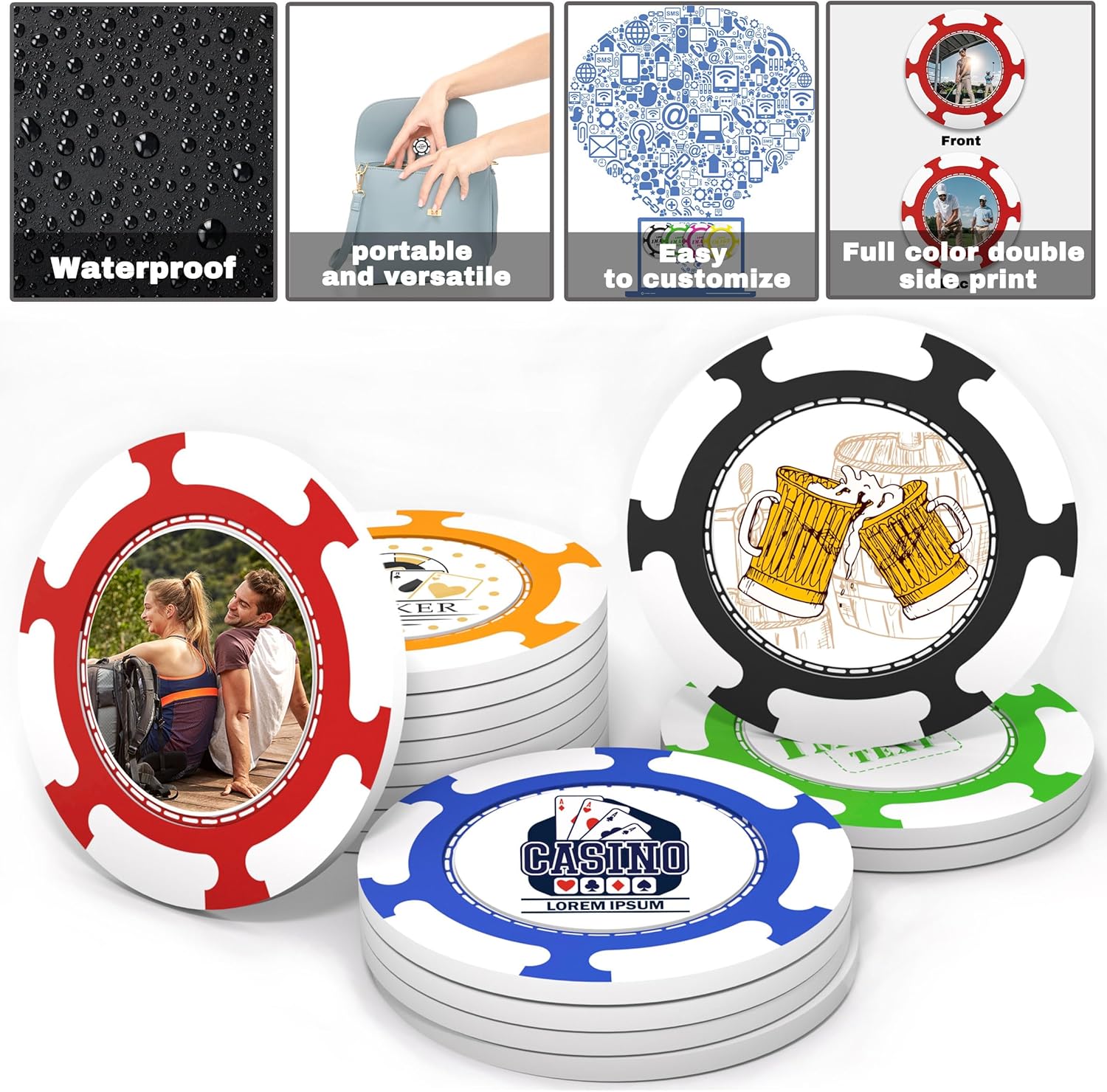 100-1000 Custom Poker Chips, Full Color Double-Sided Printing Drink Tokens with Logo/Image/Text, Personalized Drink Chips for Bar,Weddings, Events & Promotions