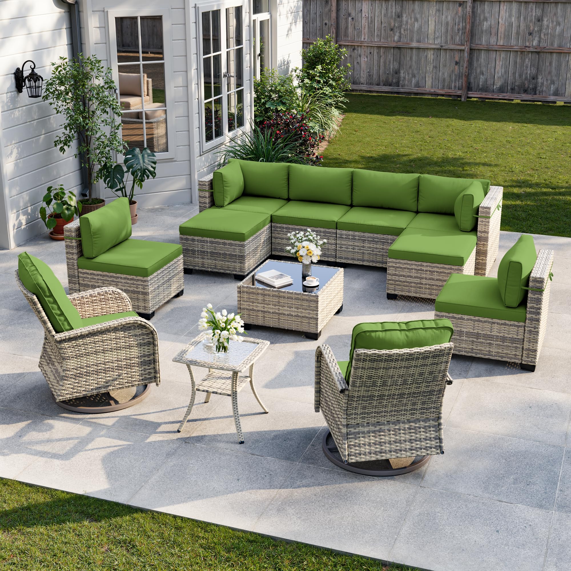 12-Piece Patio Furniture Set, Outdoor Patio Furniture with Swivel Chairs Set, Ottomans, Modular Patio Sofa, Dual-Strand Rattan, Rust-Resistant Frame, Grass Green