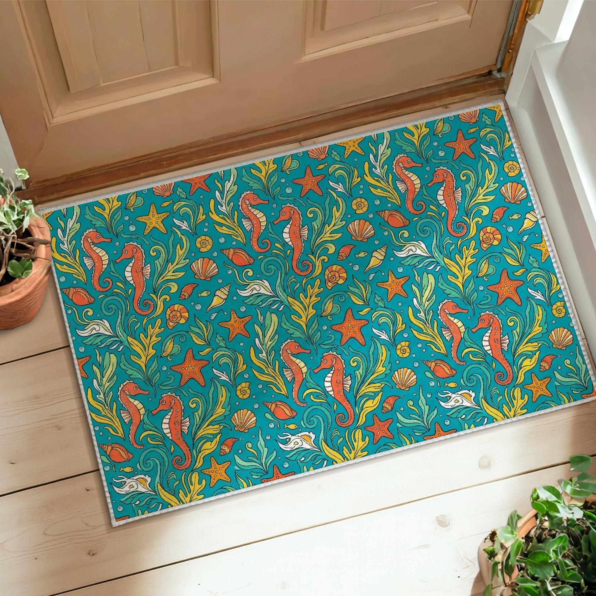 Tapis hippocampe turquoise 60x90 cm antidérapant et résistant pour l'entrée et la salle de bain