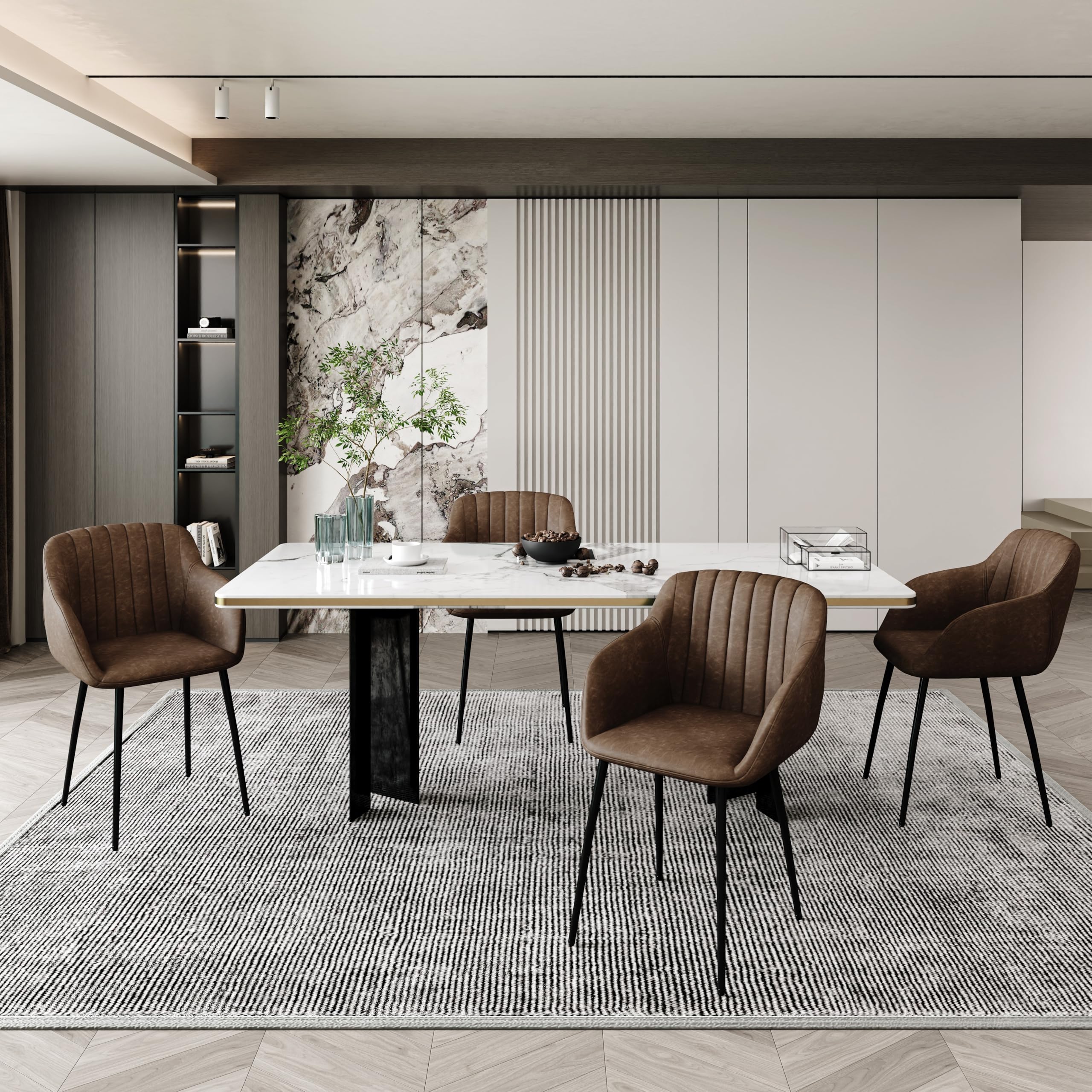 Goeurvant Sedie Sala da Pranzo con Seduta Imbottita Sedie Cucina Set da 6 Sedia da Cucina in PU con Gambe in Metallo, Marrone Scuro