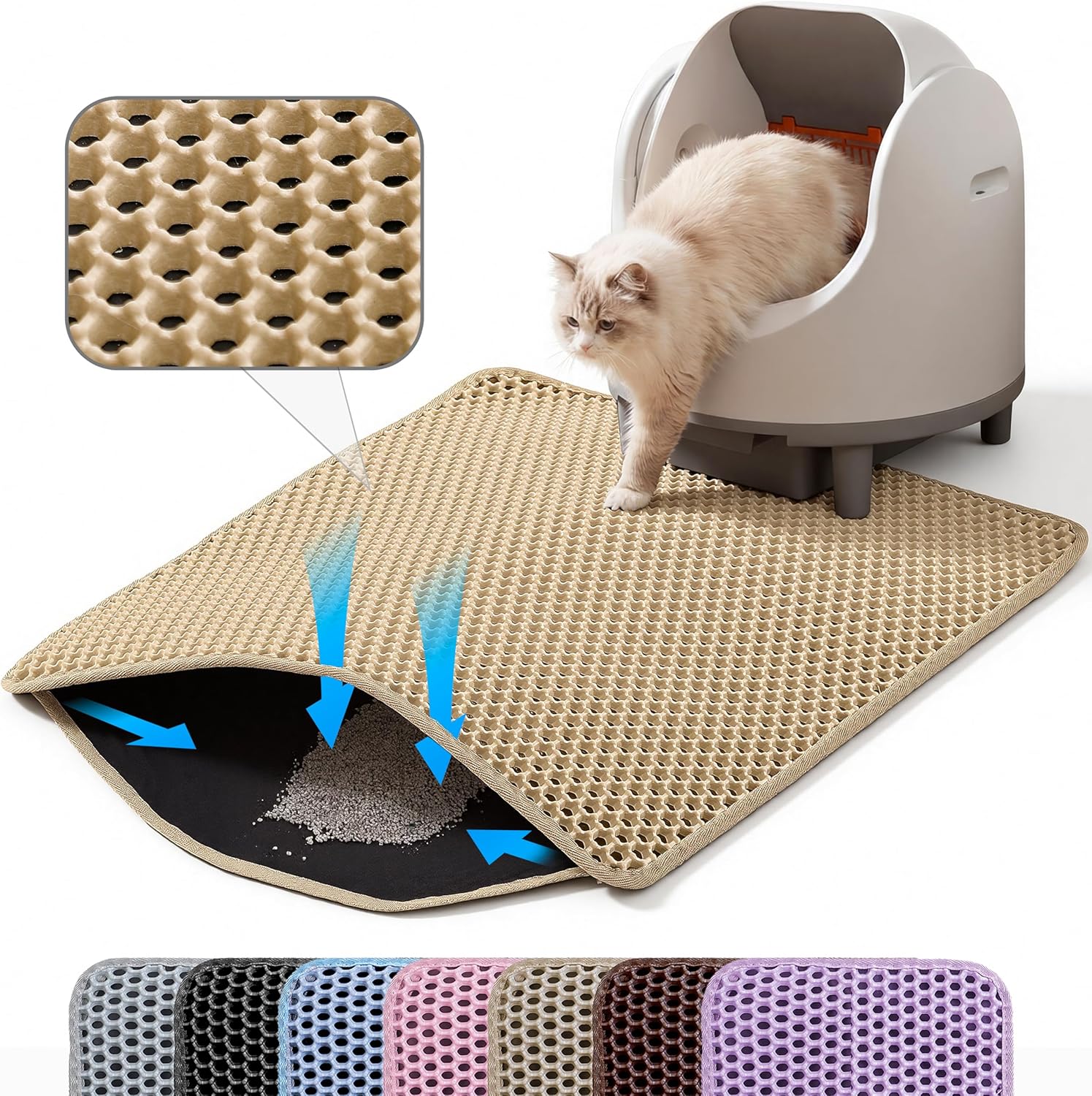 Extra Large Cat Litter Mat, 30x22 Inches Honeycomb Double Layer Cat Litter Trapping Mat, Non Slip Waterproof Urine Proof Large Kitty Litter Box Mat for Floor, Kitten Supplies, XL, Beige