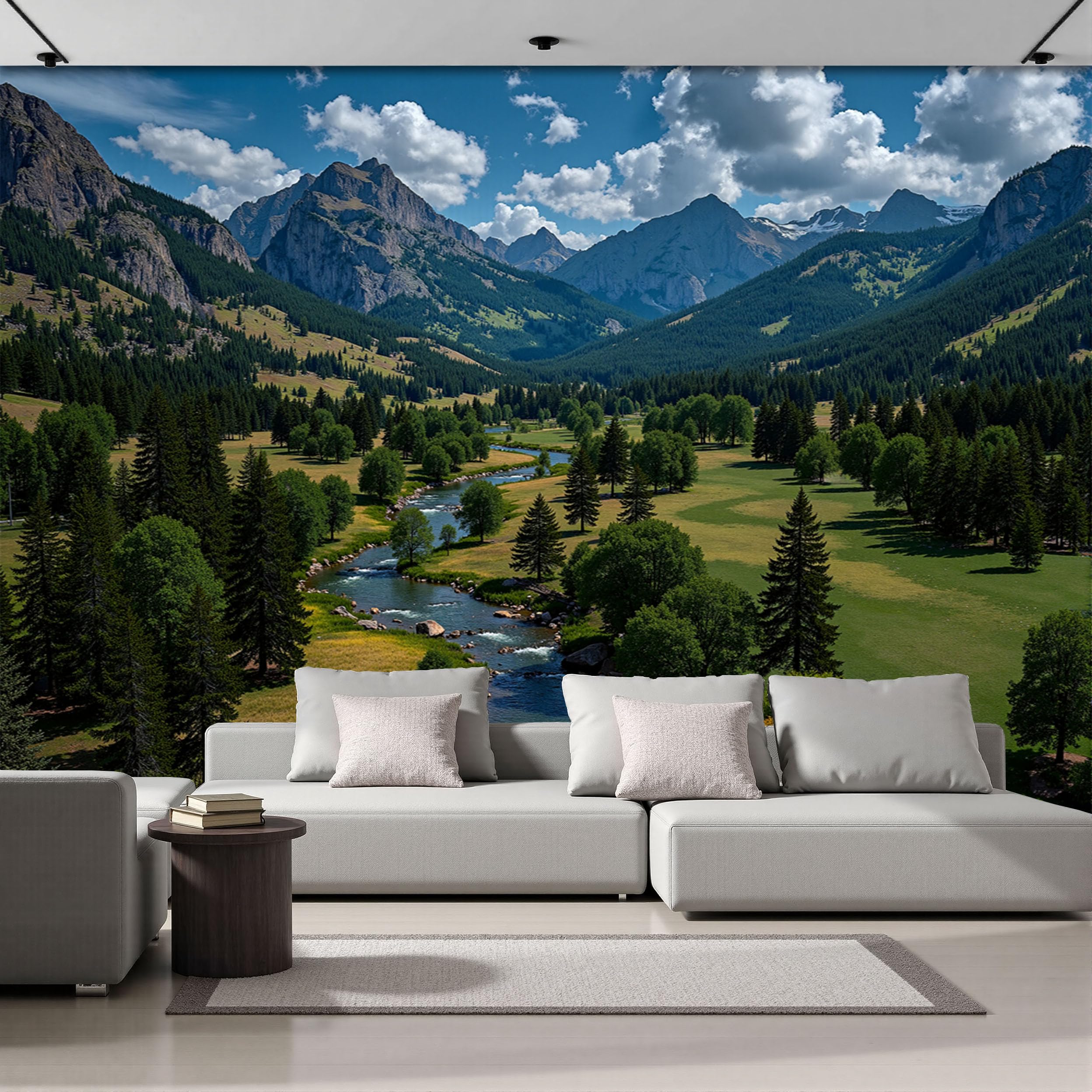 Papier peint panoramique bleu-vert : relooker un mur de salon sans grands travaux