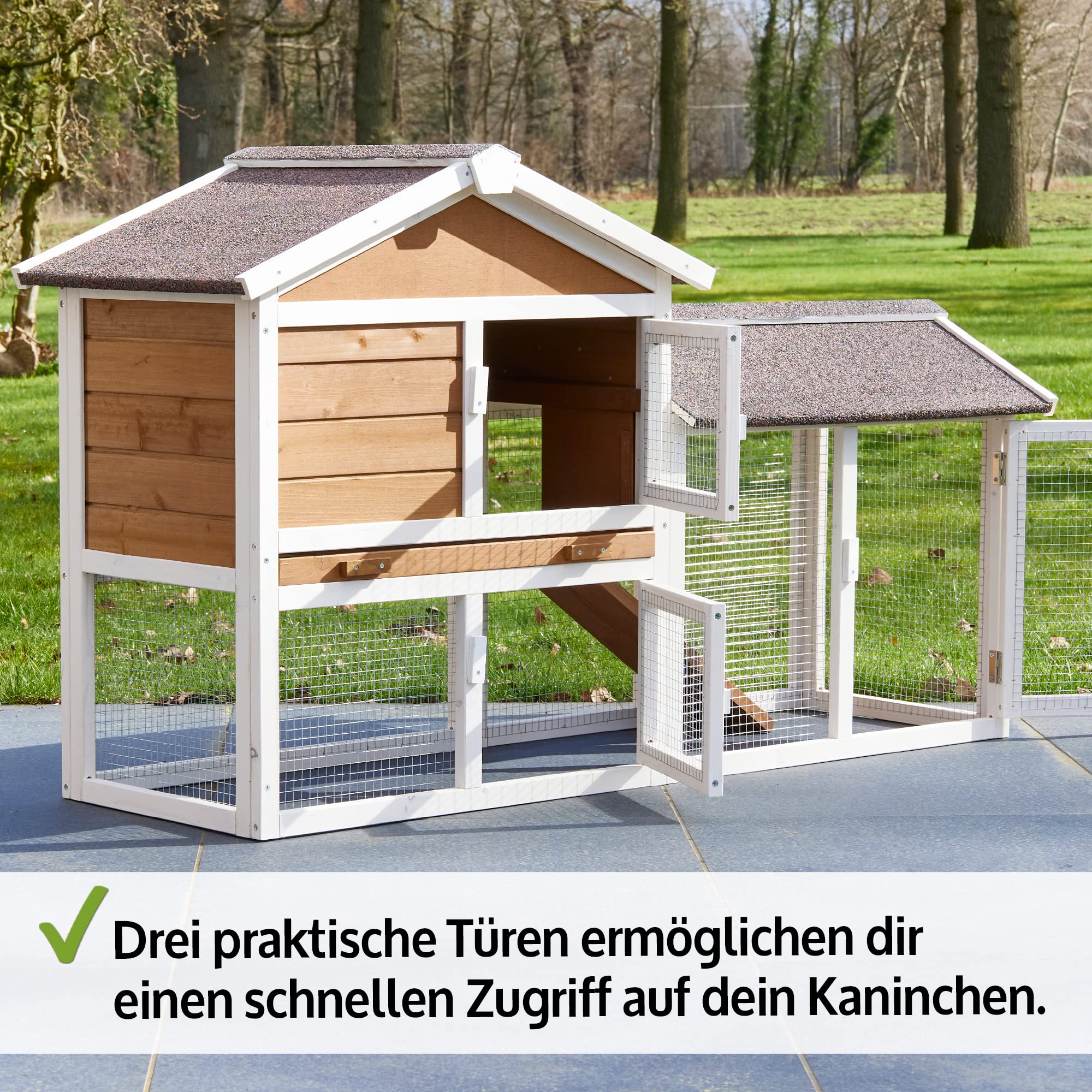 zooprinz Hasenstall mit Kotschublade – Vollholz braun-weiß | Kaninchenstall aus massivem Holz für draußen – Kleintierstall einfach zu reinigen, in natürlicher Farbe gestrichen