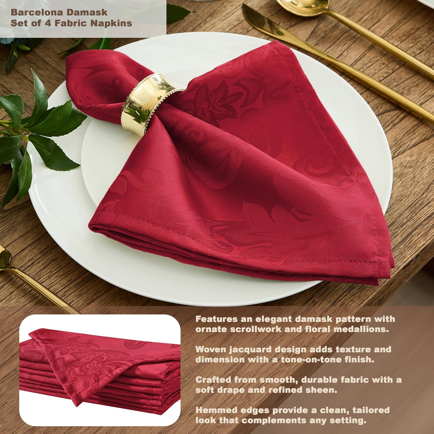 Newbridge Barcelona Damask Fabric Tablecloth, 90 Inch Round, Red – No Iron, Soil Resistant Table Cover for Dining, Parties and Holidays