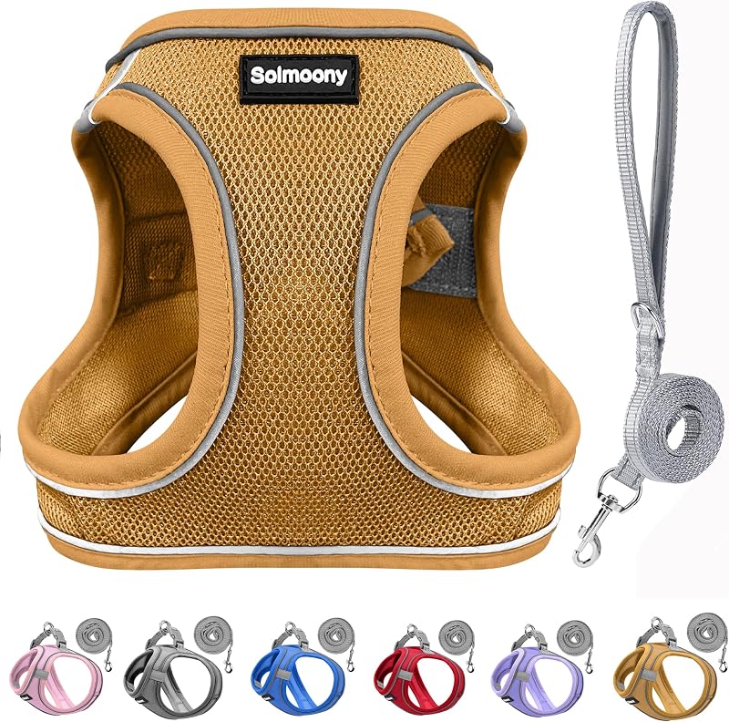 Peitoral Vest com Guia para Cães e Gatos Pequenos SOLMOONY, Mesh Respirável com Faixa Refletiva, Marrom, S