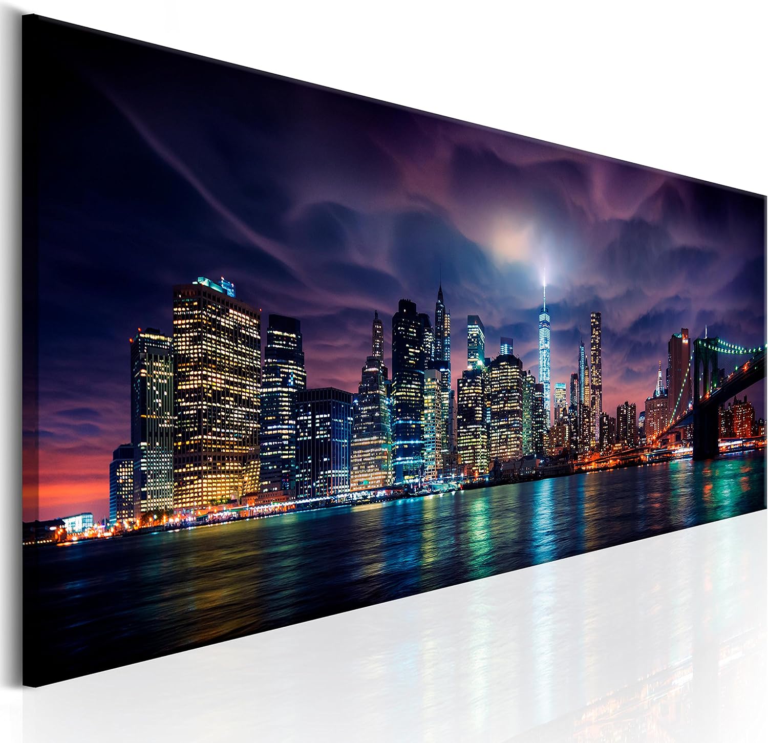 artgeist Canvas Wall Art Print City New York 59x20 in - 1pcs Home Decor Framed Stretched Picture Photo Painting Artwork Image Skyline Skyscrapers Panorama Night d-B-0155-b-a