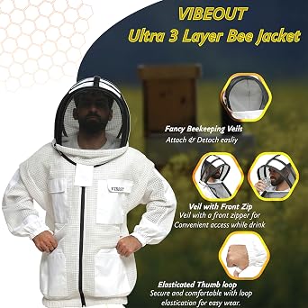 Bee Protection 3 Layers Ultra Ventilated Beekeeping Jacket Protective Equipment Professional Beekeeping Clothes Beekeeper Jacket with Fencing Veil Comfortable Sting proof Jacket Hat (White, Large)