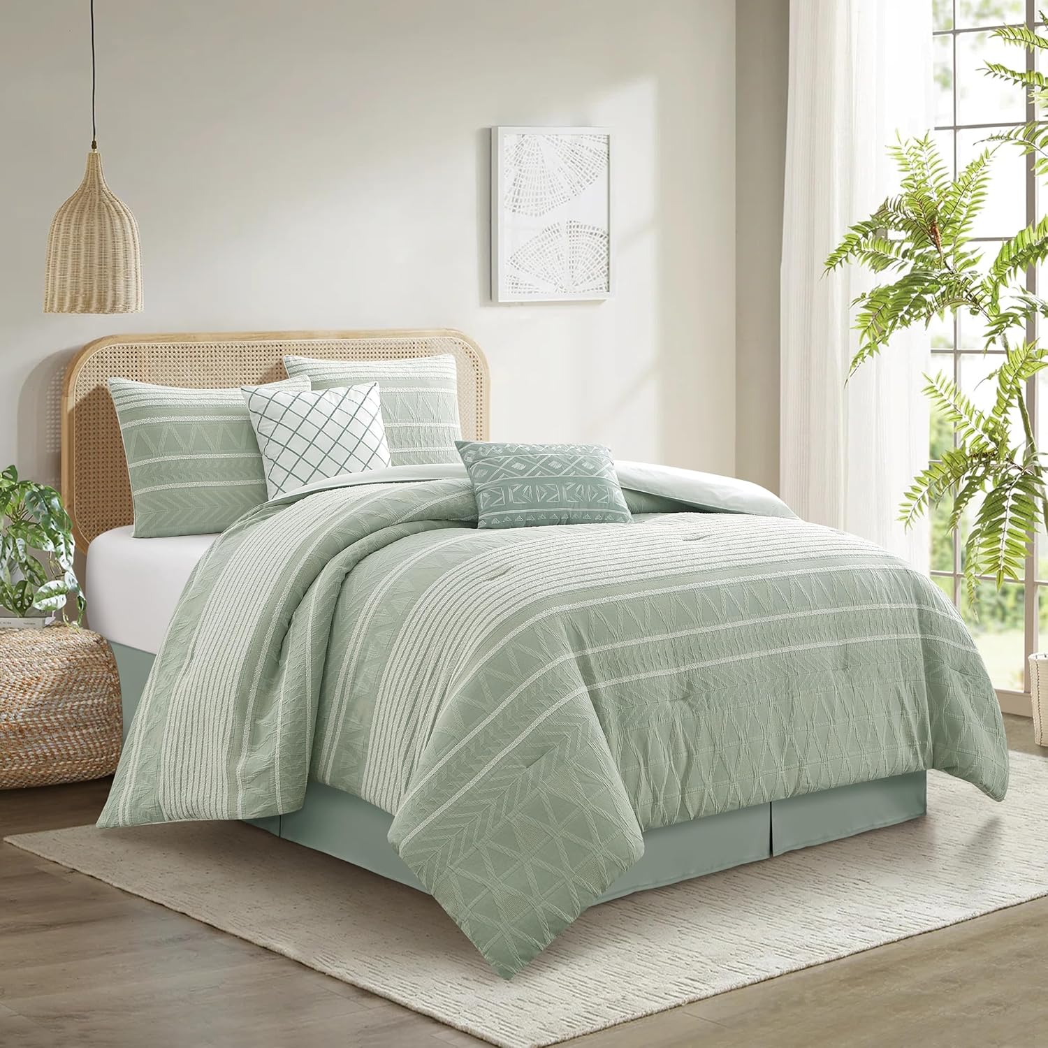 stratford park cotton king size comforter set, sage geometric jacquard bedding set, cozy 6 piece bedding set, bedskirt, pillows & shams, home decor sage king