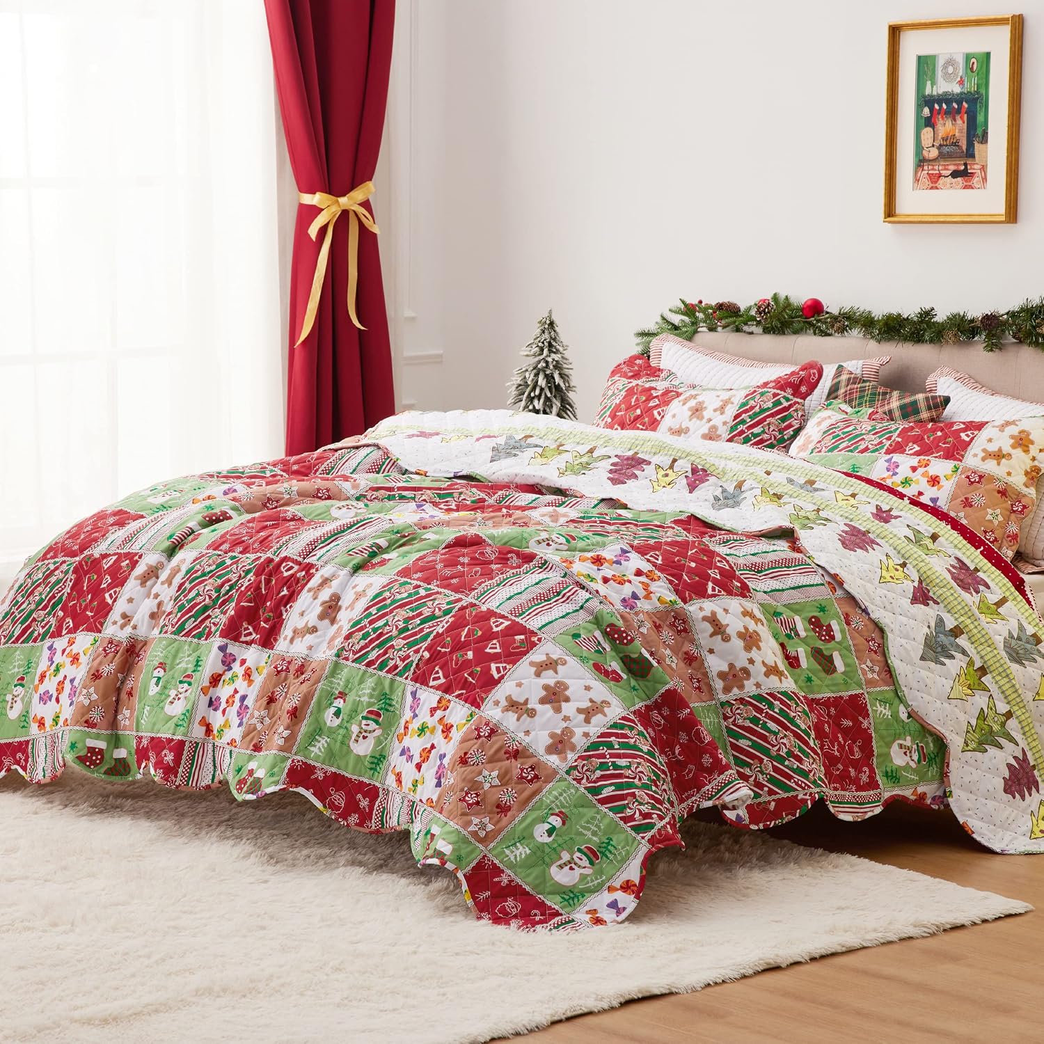 Bedsure Christmas Quilts Queen Size - Red Quilts for Queen Bed, Multicolor Printed Pattern Christmas Bedding Set - Soft Microfiber Lightweight Coverlet Bedspread for All Season (90"x96", 3 Pieces)