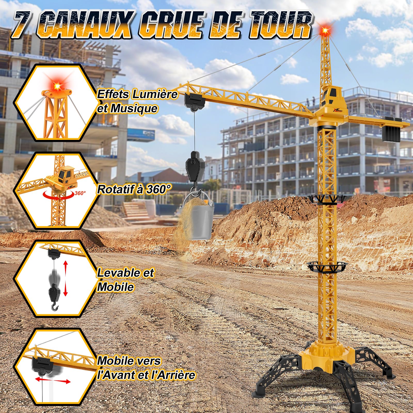 Herenear Grue Telecommandée, Hauteur 140 CM RC Grue à Tour Géante, 360 Degrés De Rotation Gru Crane De Chantier Enfant avec Lumières pour Enfants Garçon 8+