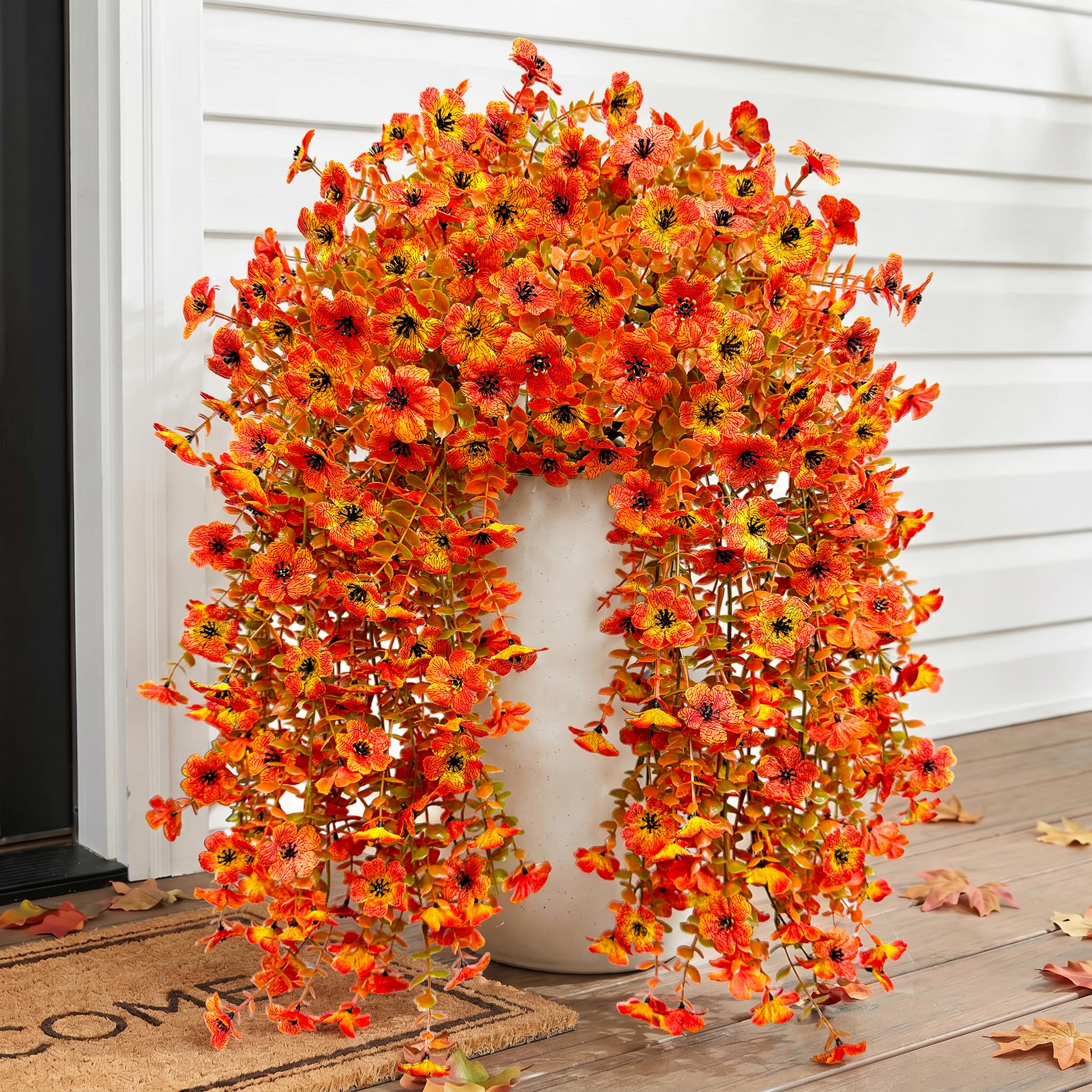 Bassion Artificial Mums for Outdoor, 2 Pcs Fake Fall Hanging Flower, Orange