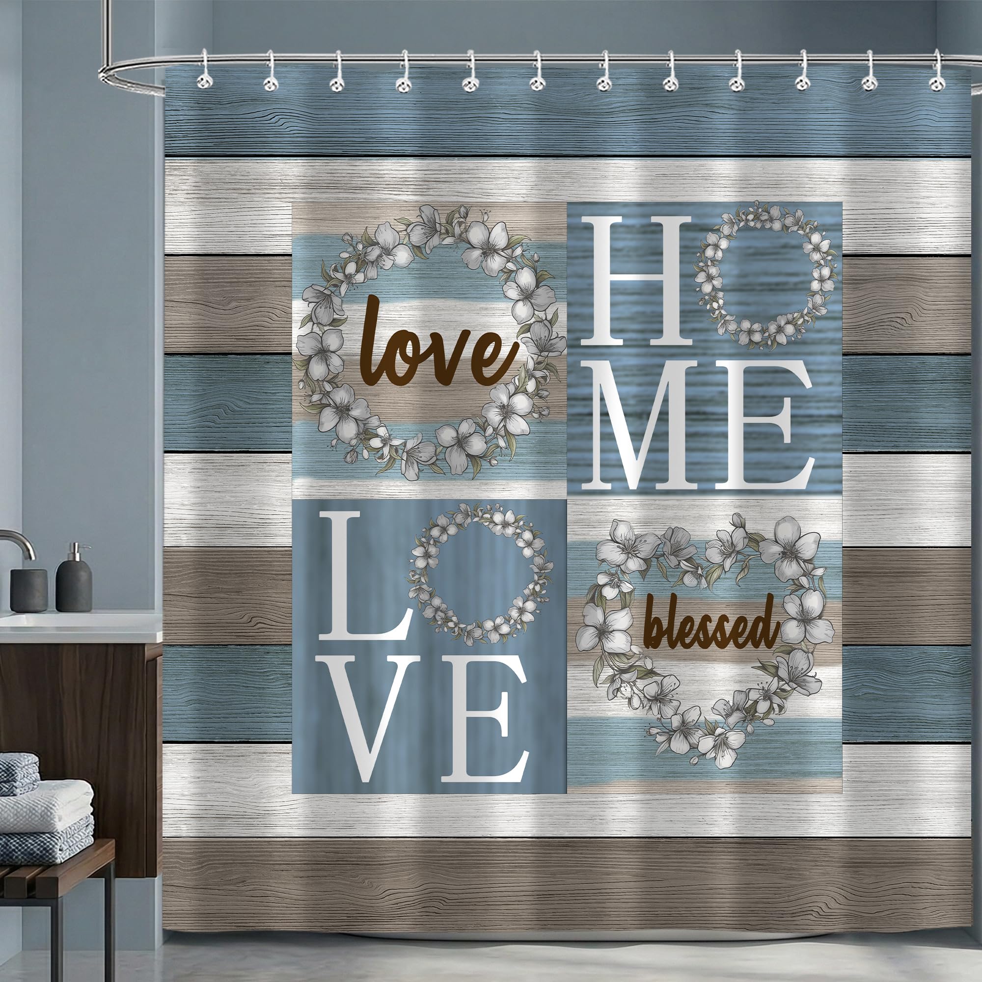 Moonslim Country Shower Curtains, Blue Brown Farmhouse Shower Curtain, Rustic Wood Plank Fabric Bath Curtain for Bathroom Decor Waterproof Cloth with