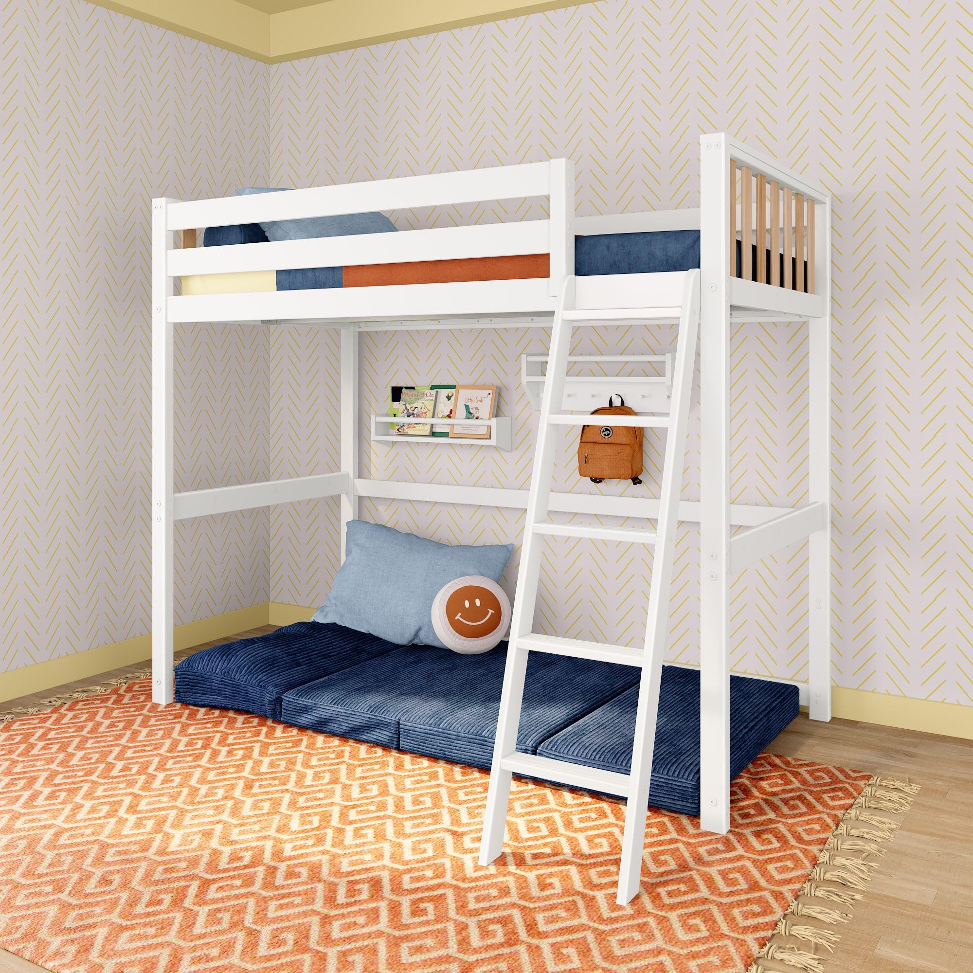 Max & Lily Scandinavian Twin Loft Bed - Modern Solid Wood Kids' High Loft with 14" Guard Rails, Angled Ladder with Anti-Slip setps, 400-lb Capacity,