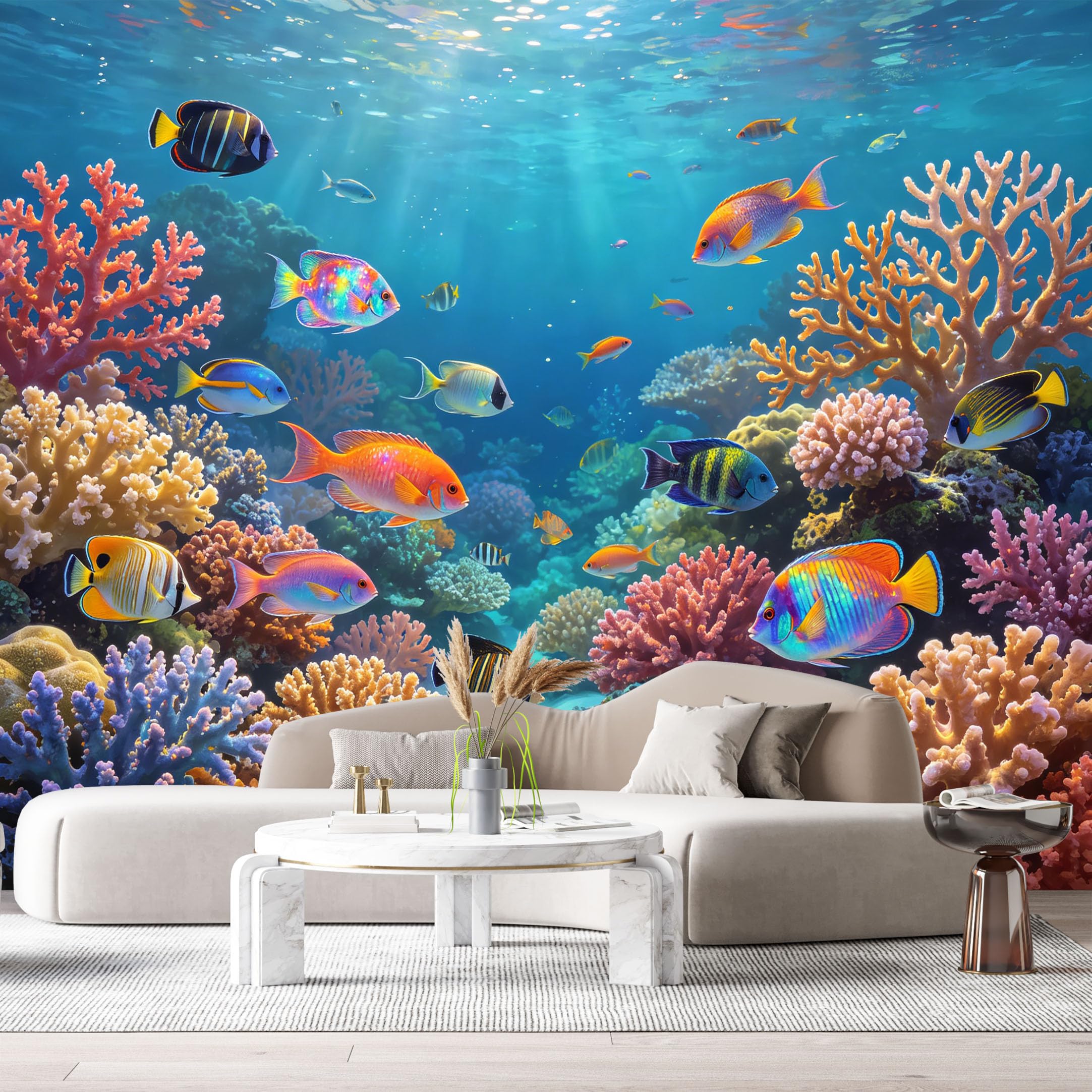 Custom Size Wall Murals Vibrant Ocean Marine Tropical Reef Colorful Exotic Fish SelfAdhesiveWall Fabric Removable Wallpaper Wall Decor for Living Room Bedroom Bathroom