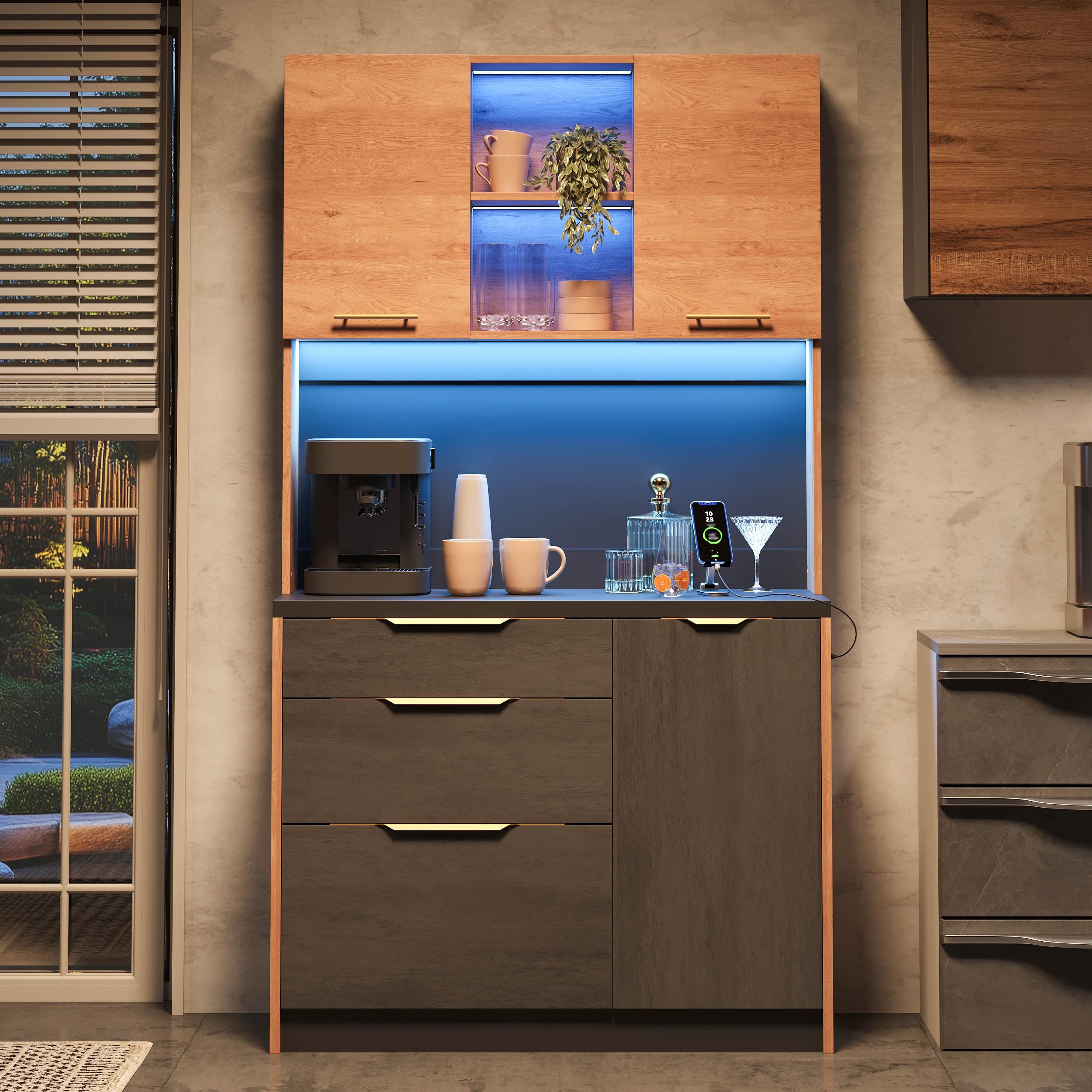 Elegante pensile da cucina alto 100 × 40 × 180 cm, effetto cemento, piano di lavoro nero, illuminazione a LED regolabile, presa standard europea, adatto a cucine, soggiorni, appartamenti, ecc.