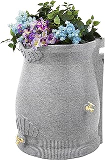 Good Ideas Rain Saver 50 Gallon Urn Shaped Water Storage Barrel with Planter and 2 Metal Spigots, Light Granite