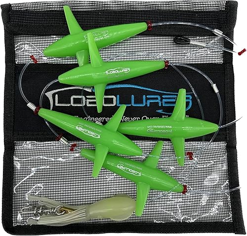 Lobo Lures #401 Teaser de atún con forma de margarita, cadena de 400 libras, líder de 500 libras, sacacorchos giratorio y bolsa de almacenamiento