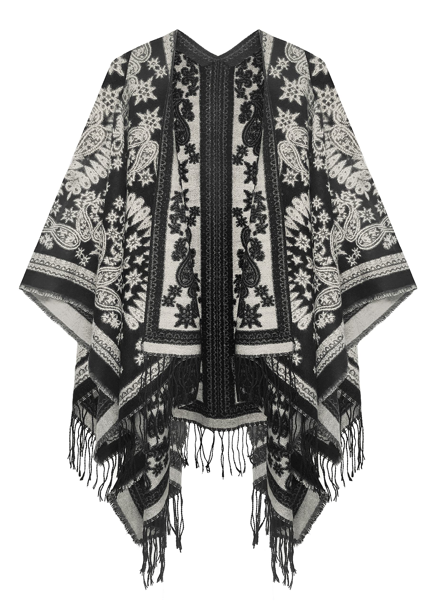 Urban CoCo Women's Printed Tassel Open front Poncho Cape Cardigan Wrap Shawl