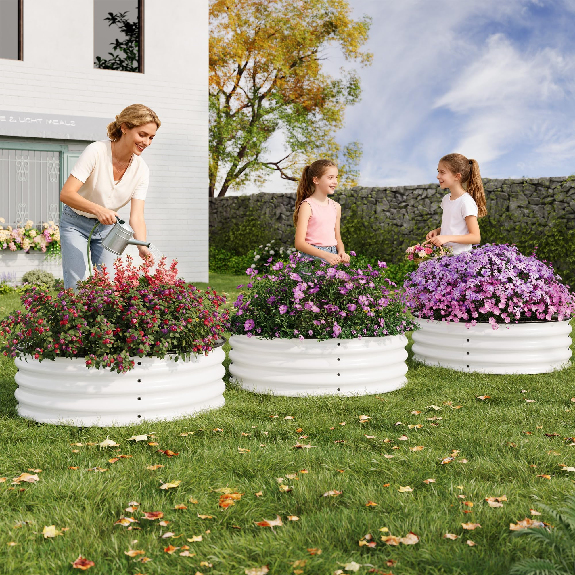 Garvee 3pcs Bac De Culture Surélevé Rond en Métal Galvanisé, Antirouille Et Anticorrosion, Bord Sécurisé en Caoutchouc, Idéal pour Légumes, Fruits Et Fleurs sur Balcon