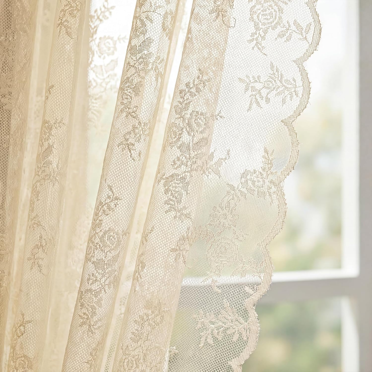 Horaldaily Beige Lace Curtains for Living Room and Bedroom, Boho Farmhouse Floral Sheer Curtains, Rod Pocket, Light Filtering, Vintage Sheer Drapes, 55" W x 96" L, 2 Panels