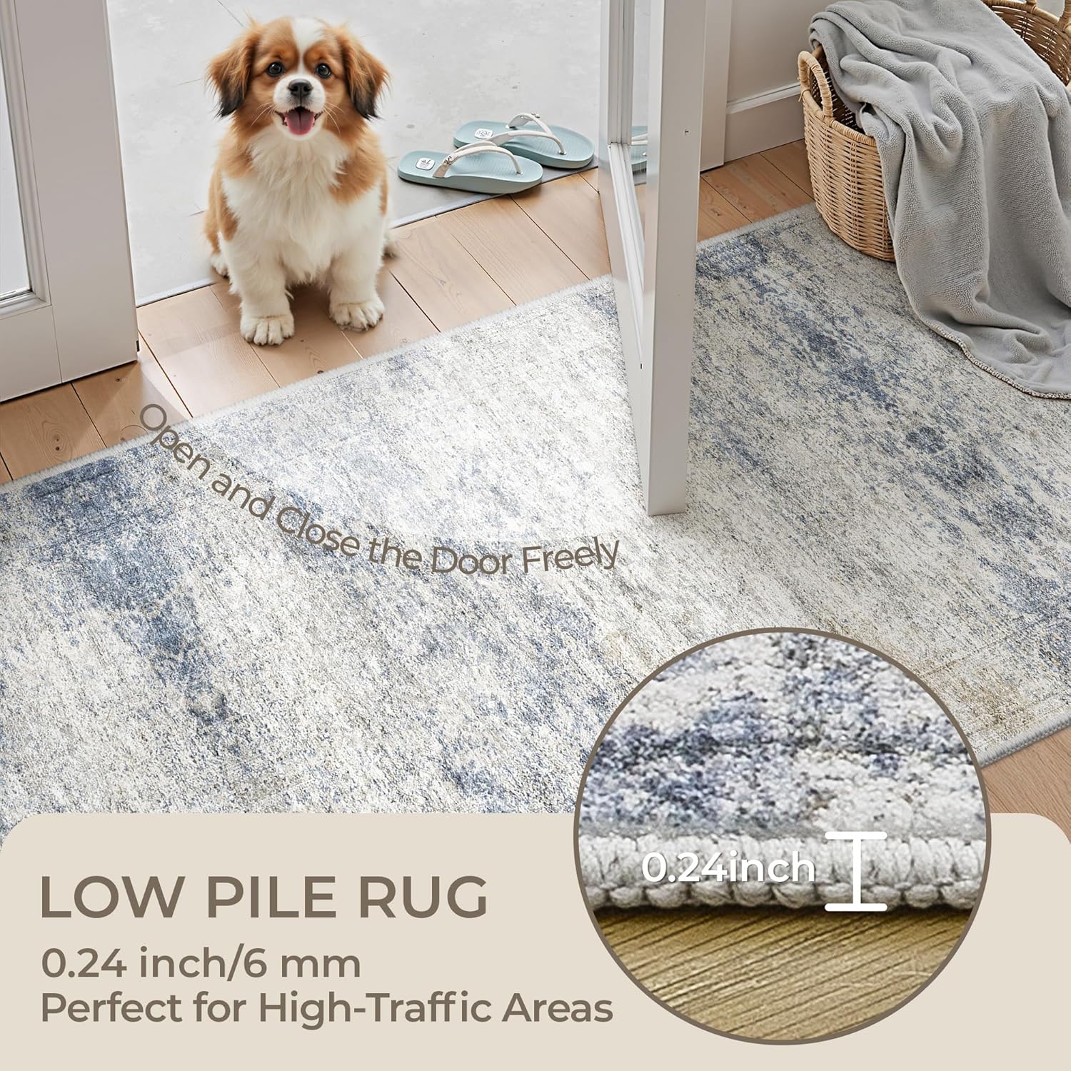 Rug Runners for Hallways Non Slip - 2x8 Runner Rug for Bedroom, Washable Runner with Rubber Backing, Soft Low-Pile Carpet for Kitchen, Laundry, Bathroom (2'x8', Blue/Brown/Ivory)