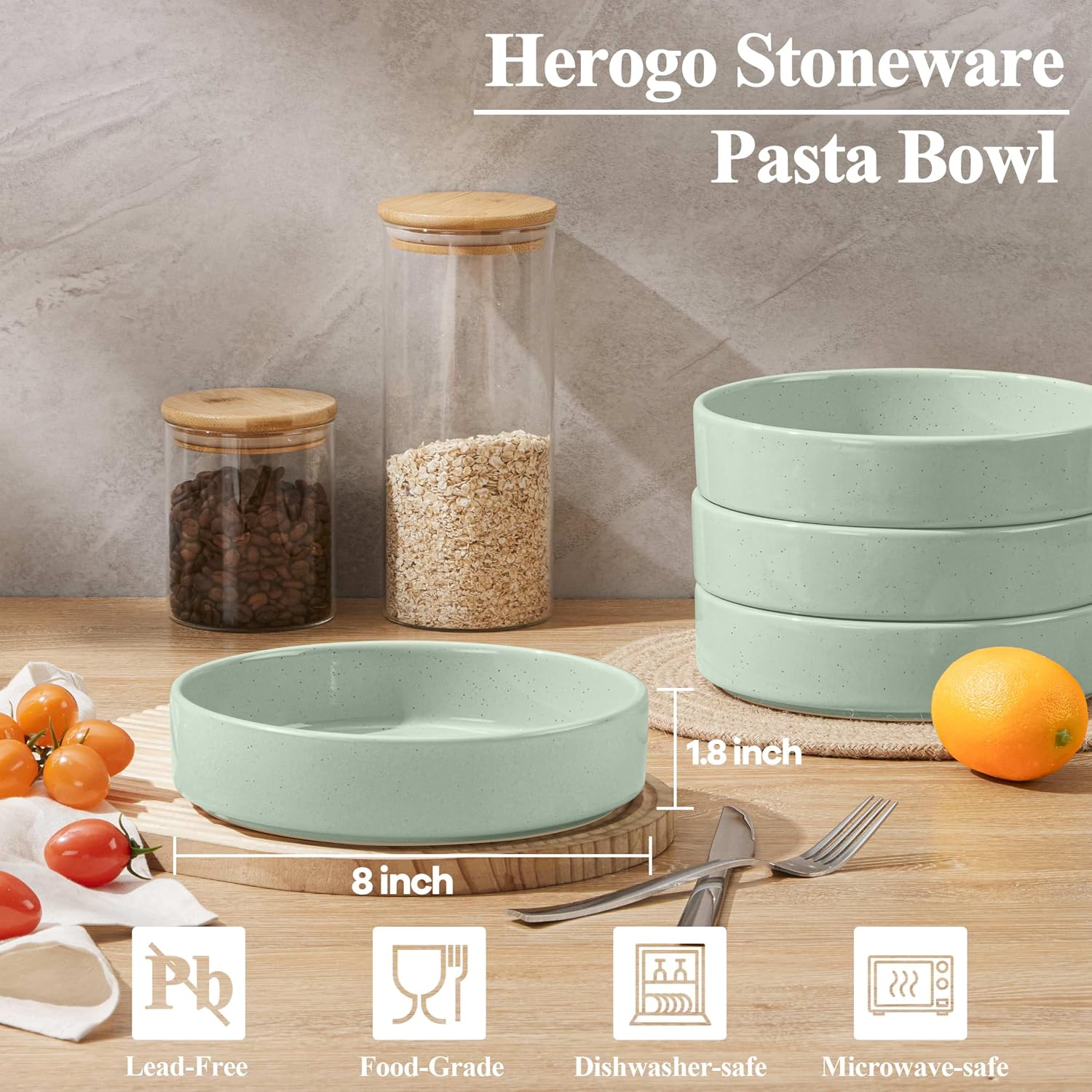 Herogo Pasta Bowls Set of 4, 35oz Shallow Stoneware Salad Bowls, Large Serving Pasta Plates for Kitchen, Microwave & Dishwasher Safe, Speckled Light Green