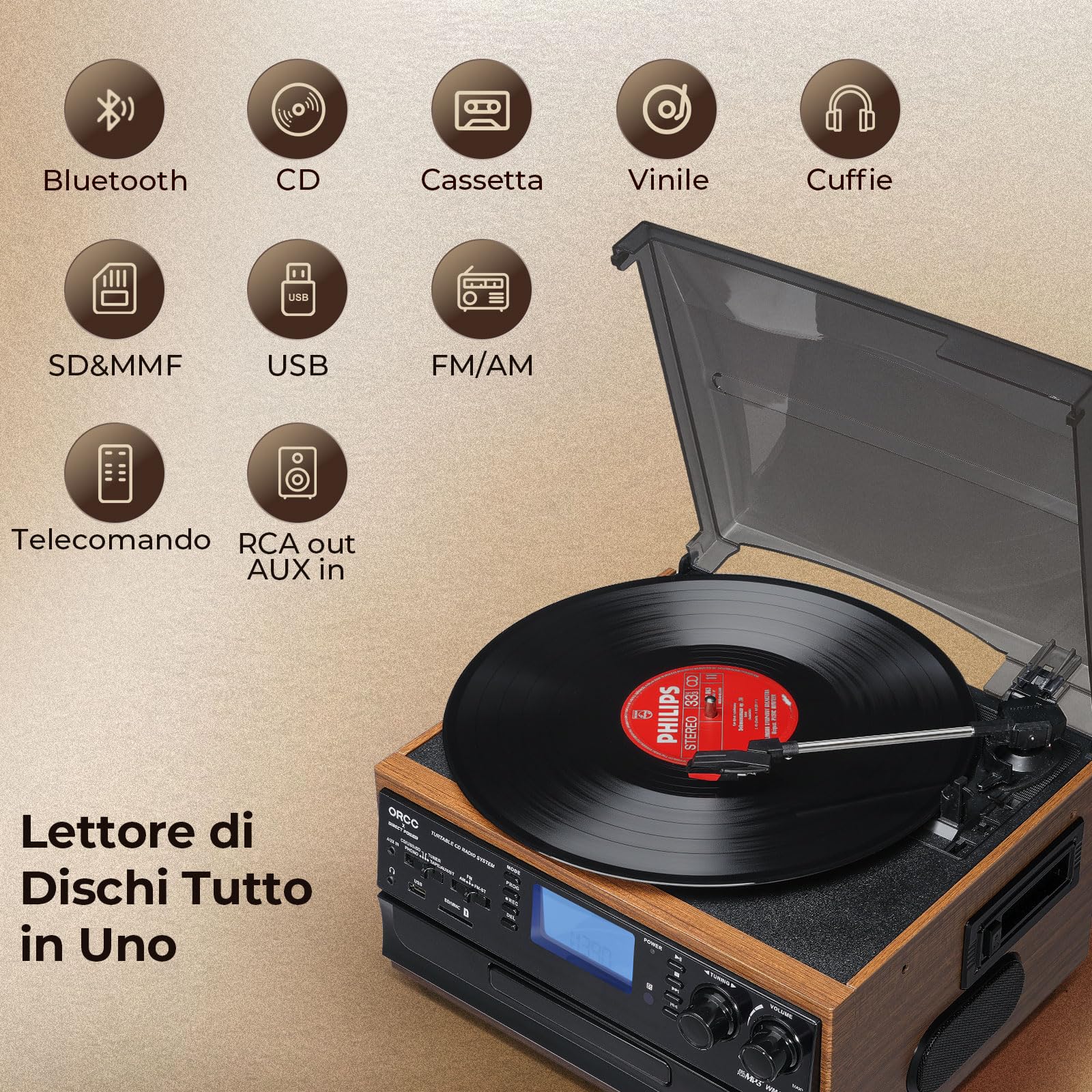 ORCC Giradischi Bluetooth 10 in 1 per dischi in vinile con altoparlante, convertitore di codifica da AUX a MP3 USB/SD, lettore CD, radio, connettore per cuffie, RCA, telecomando