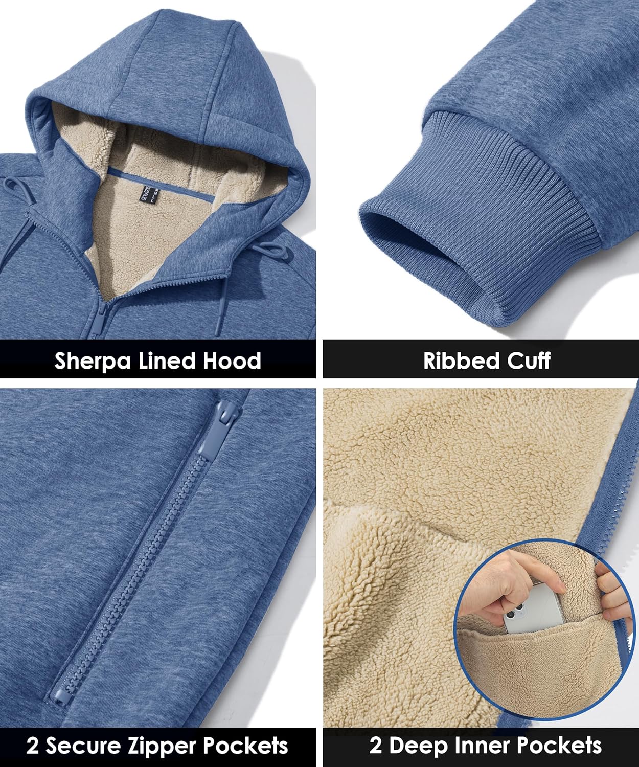 Boladeci Men's Sherpa Lined Hoodie Jacket Winter Warm Heavy Weight Zip Up Hooded Sweatshirt Thick Fleece Coats - Image 5