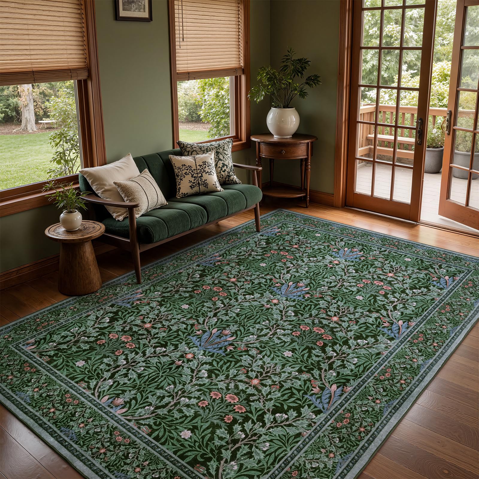 Dadasgk Floral 5x8 Living Room Area Rug, Dark Green Soft Washable Boho Rugs for Bedroom Aesthetic Stain Resistant Floor Carpet Non Slip Vintage Botanical Rugs for Living Room Dining Room Home Office