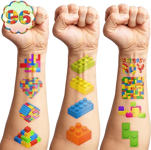 Miniatura 6 de 96 tatuajes temporales precortados de bloques de construcción, bonitos recuerdos de fiesta para niños, niños y niñas, suministros para fiestas de