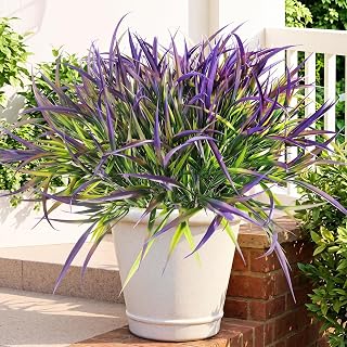 Kate Aspen 14 Bundles Artificial Outdoor Plants UV Resistant Fake Grass Plants Faux Plastic Plants Greenery Shrubs (14, Purple)