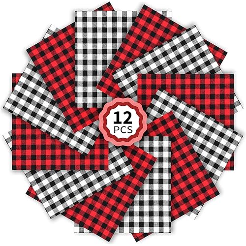 Christmas Red Black Buffalo Plaid - 12 Sheets 12 x 12 Inch Heat Transfer Vinyl Red & Black Plaid Fabric Printed Vinyl Sheets Adhesive Iron on Vinyl for Clothes