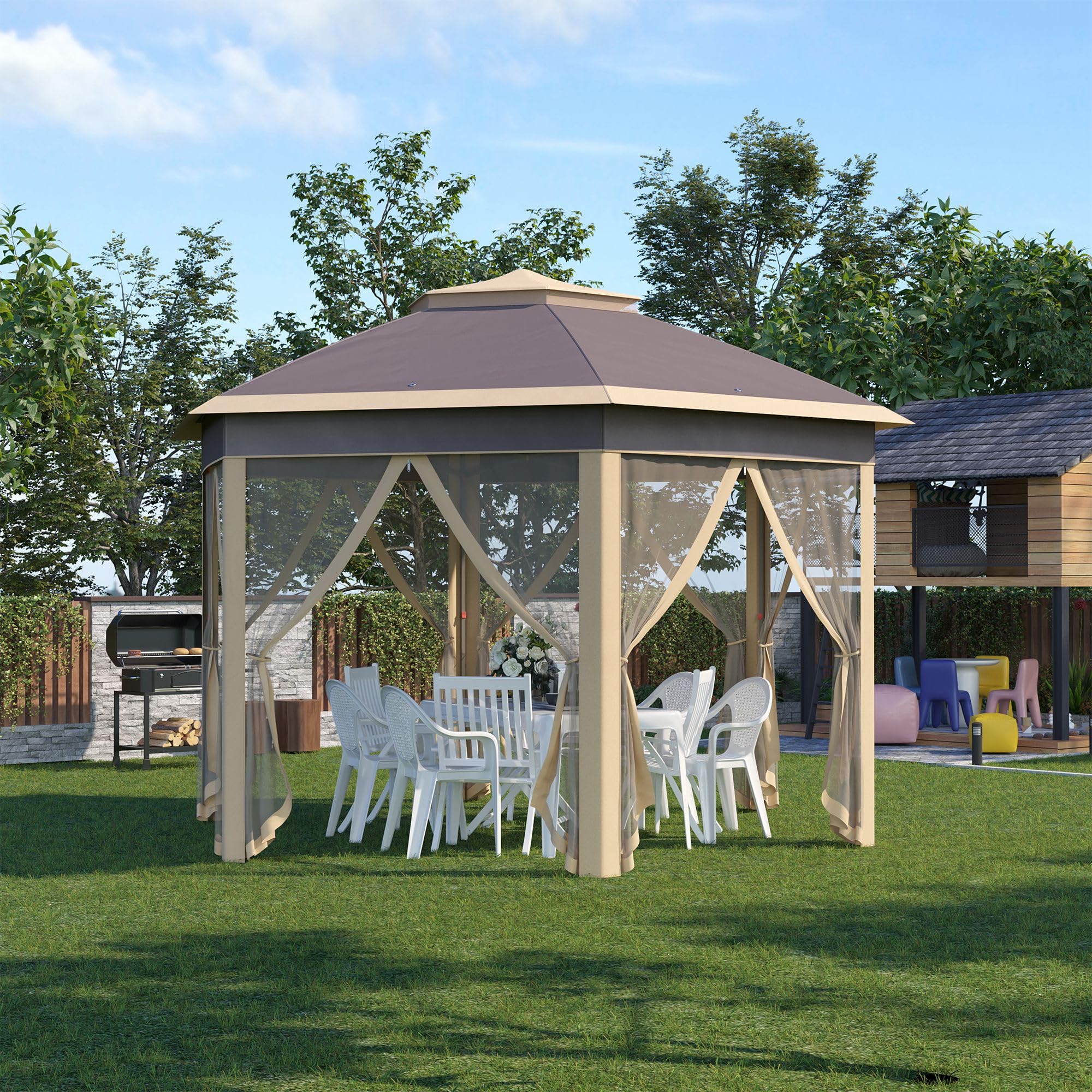 Outsunny Tonnelle Pliable 4x3,4x2,85 m Pavillon de Jardin Hexagonal avec Double Toit 6 Moustiquaires Démontables Sac de Transport Hauteur Ajustable sur 3 Niveaux et Anti-UV Gazebo pour Fête Patio
