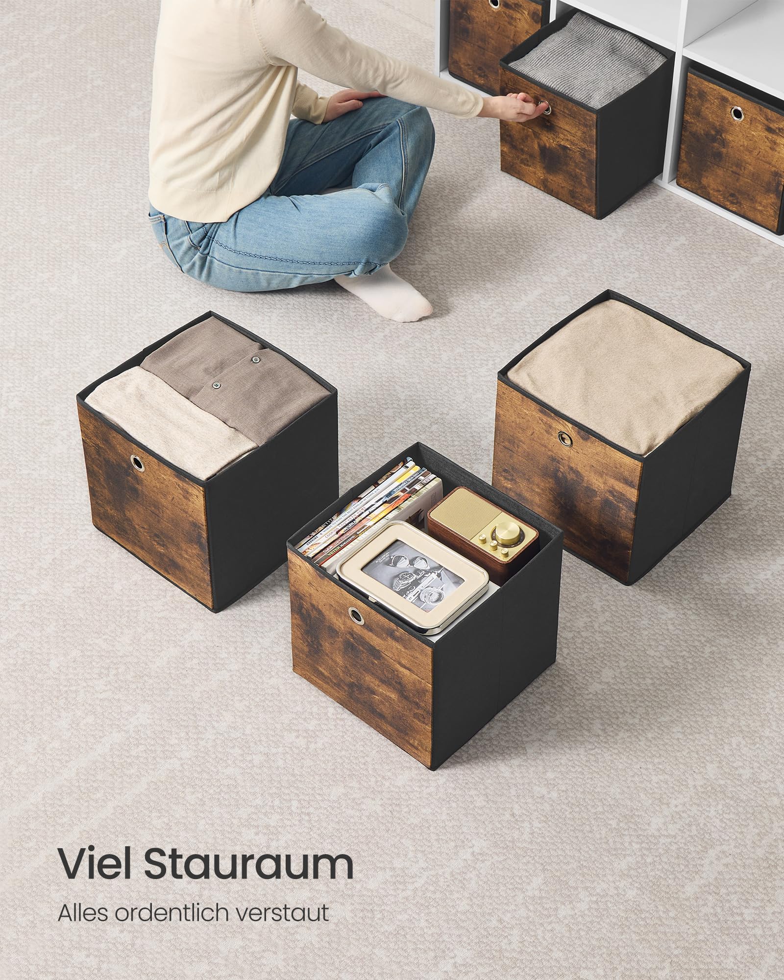 SONGMICS Aufbewahrungsbox, 8er Set, Ordnungsboxen, Faltbox, 30 x 30 x 30 cm, Stoffbox, für Würfelregal, Organizer für Kleidung, für Schlafzimmer Wohnzimmer, vintagebraun-schwarz RFB830B01